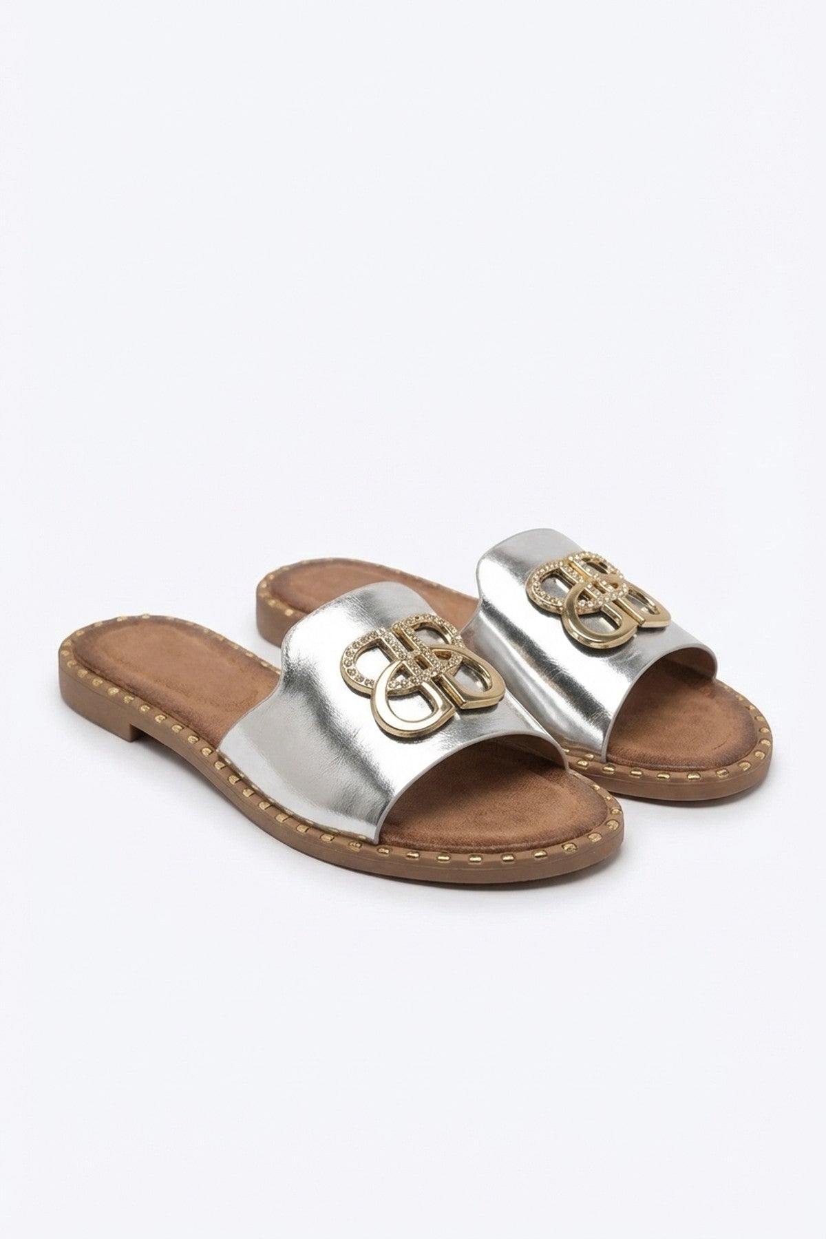 Abby Sparkle Buckle Gold Studded Flat Sandals - Silver