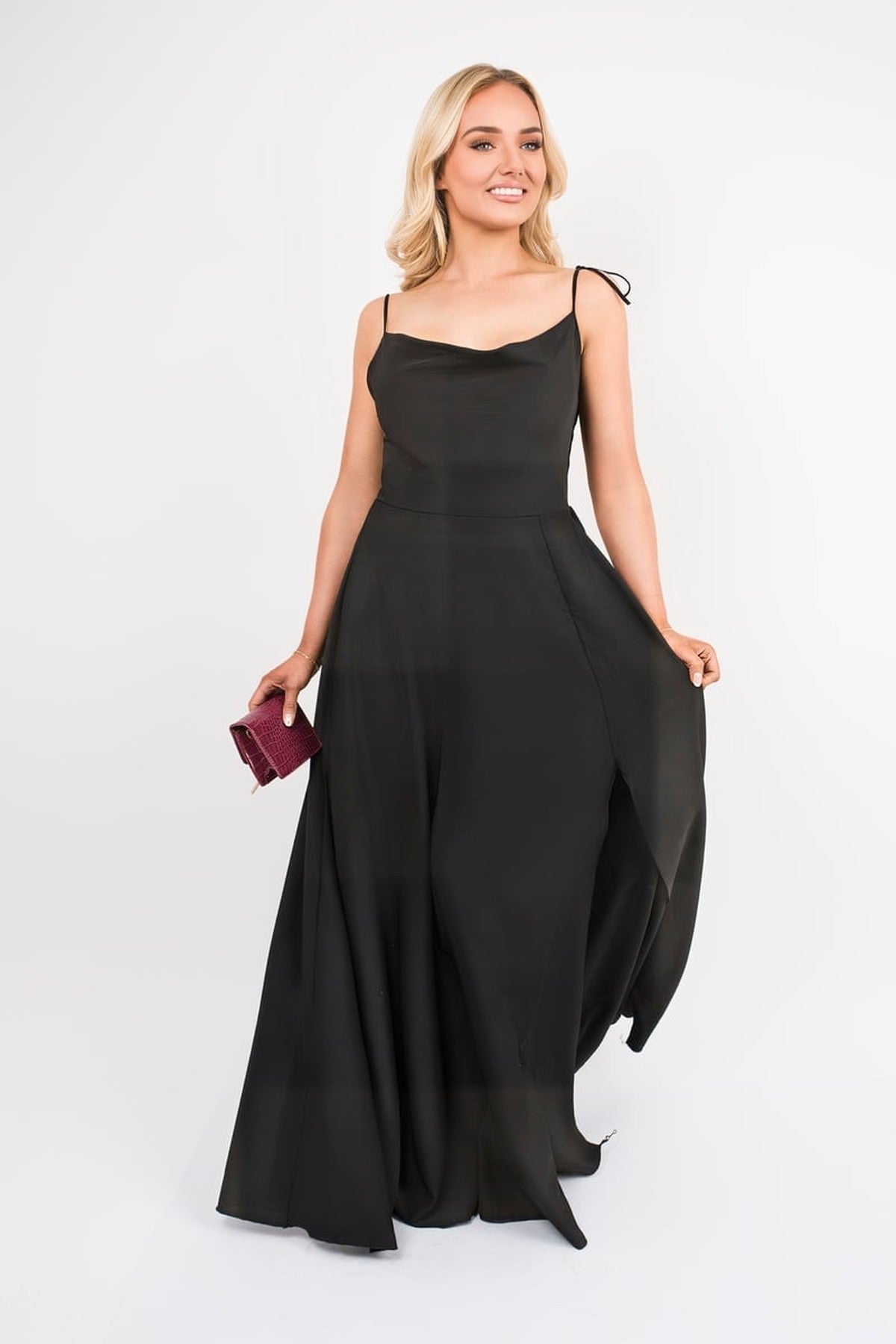 Adina Cowl Neck Tie Strap Maxi Dress With Thigh Split - Black