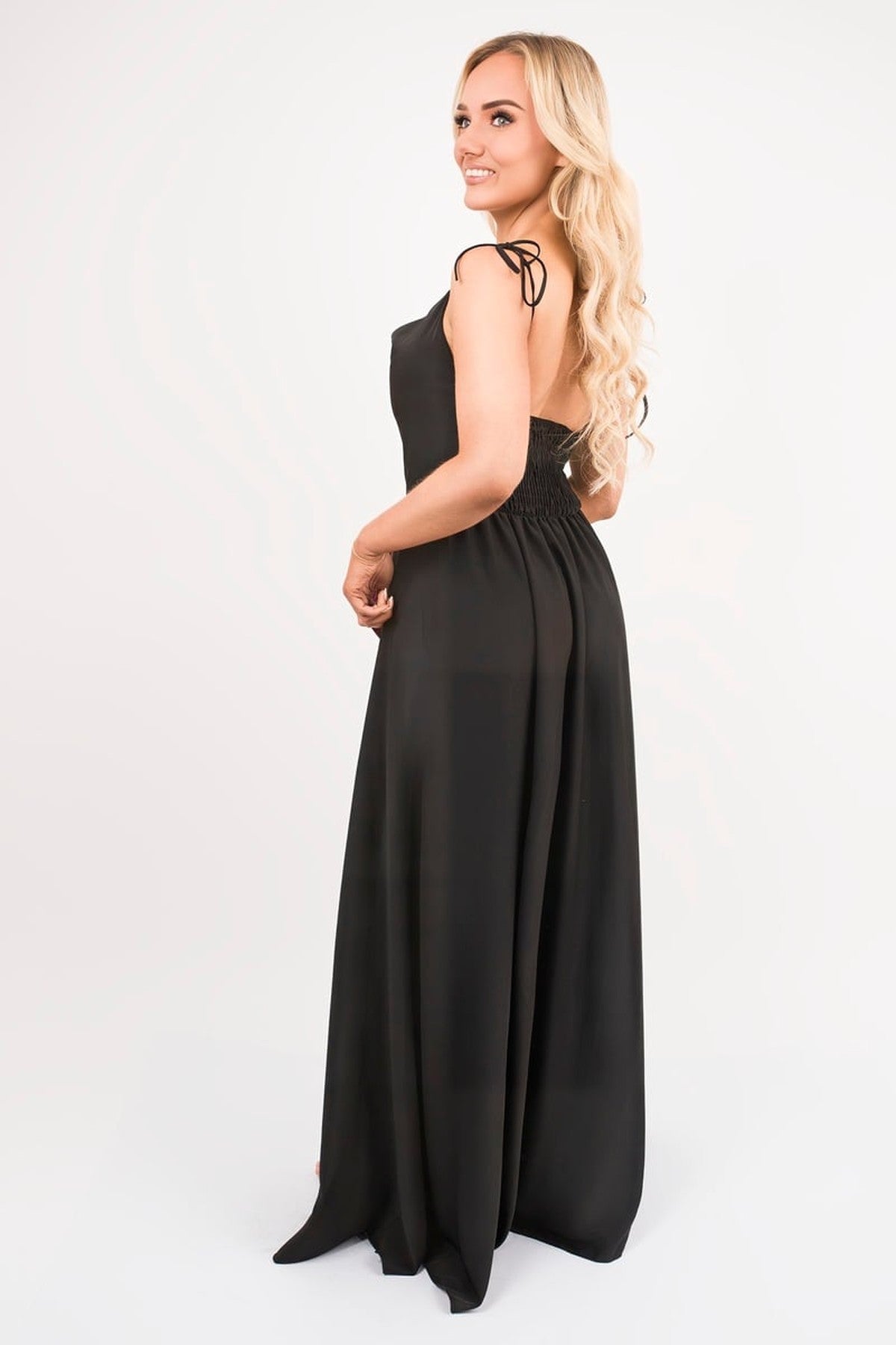 Adina Cowl Neck Tie Strap Maxi Dress With Thigh Split - Black