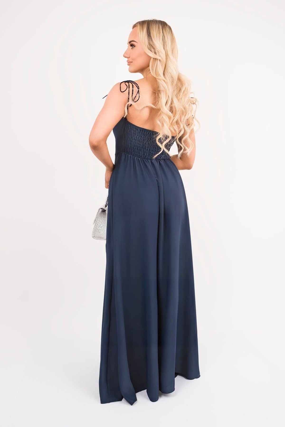 Adina Cowl Neck Tie Strap Maxi Dress With Thigh Split - Navy