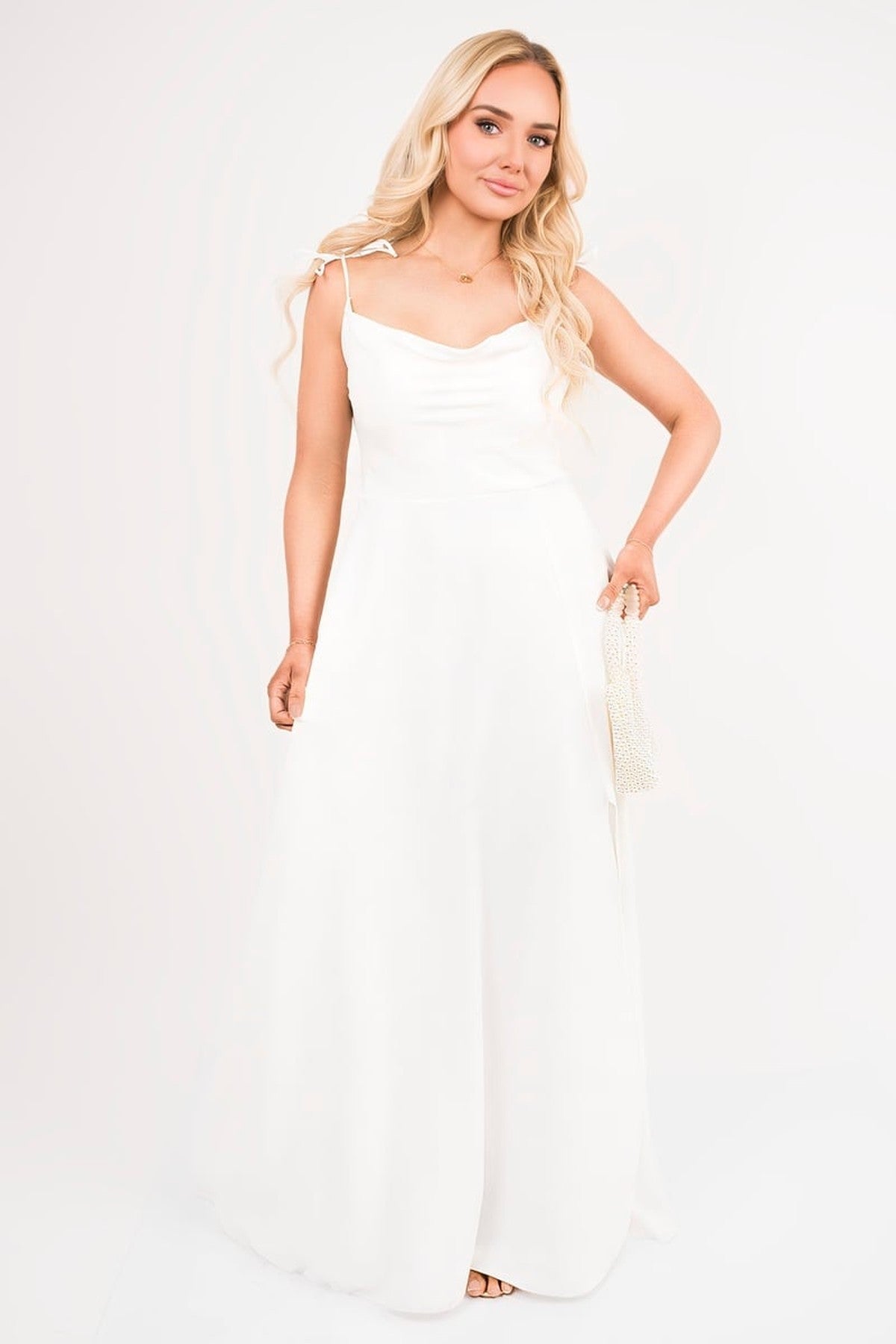 Adina Cowl Neck Tie Strap Maxi Dress With Thigh Split - White