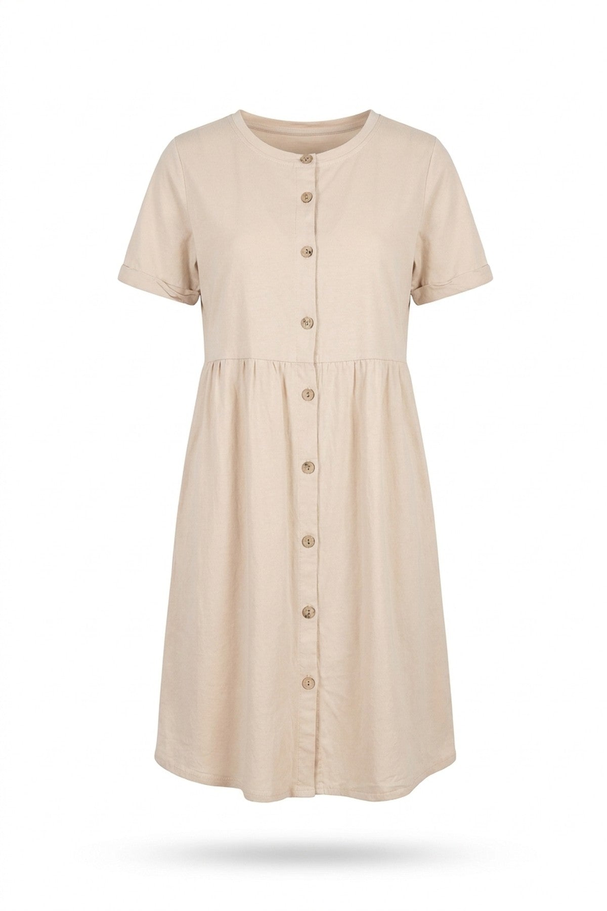 Aileen Short Sleeve Button Front Midi Dress - BEIGE