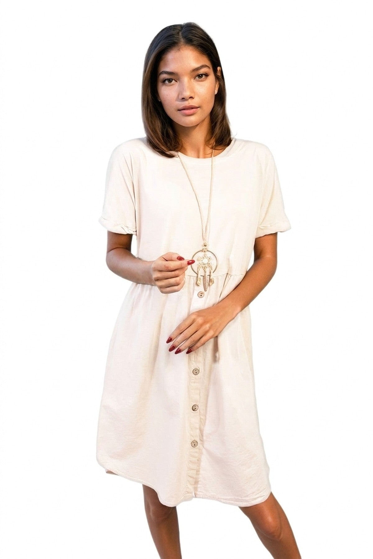 Aileen Short Sleeve Button Front Midi Dress - BEIGE_wb