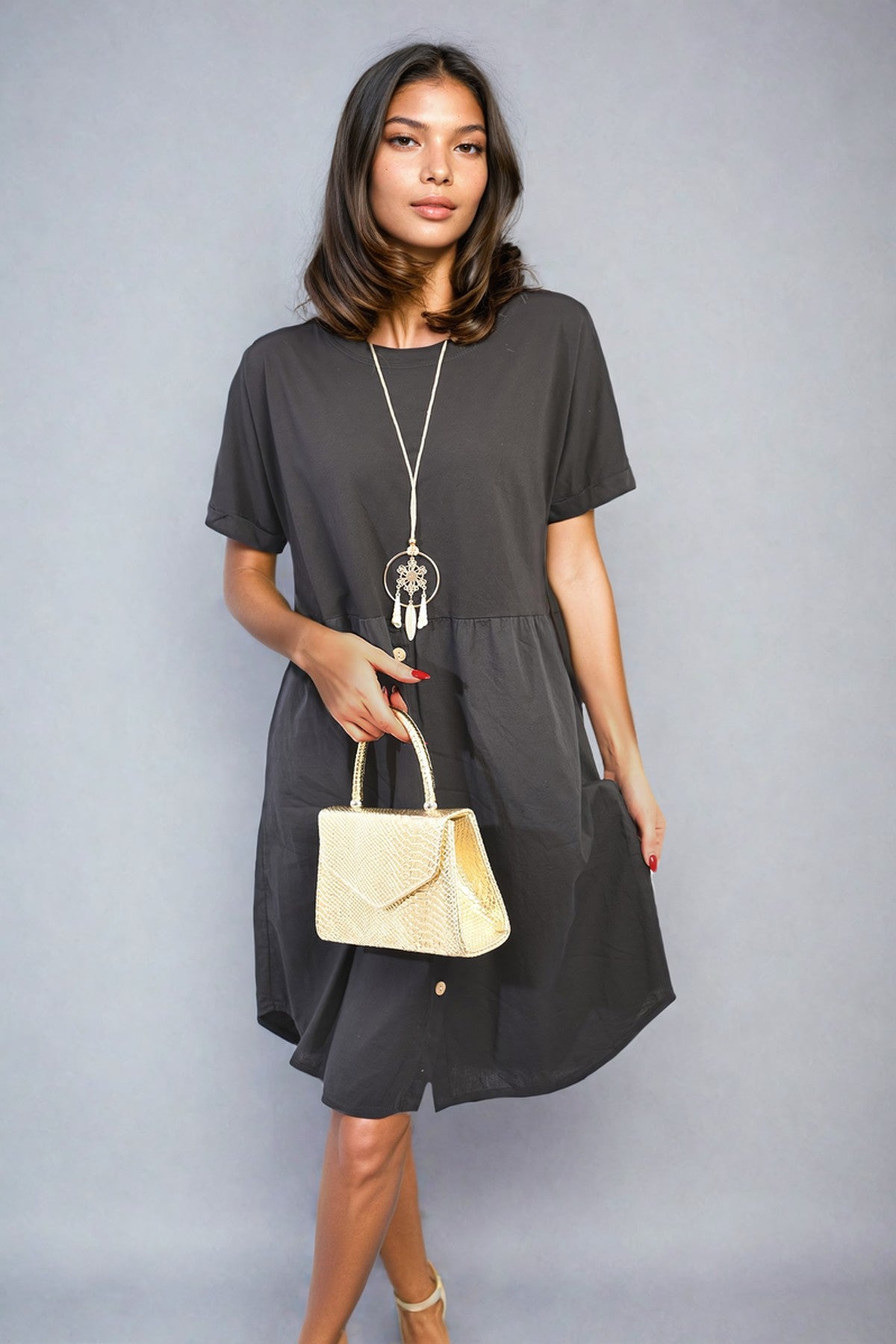 Aileen Short Sleeve Button Front Midi Dress - Black