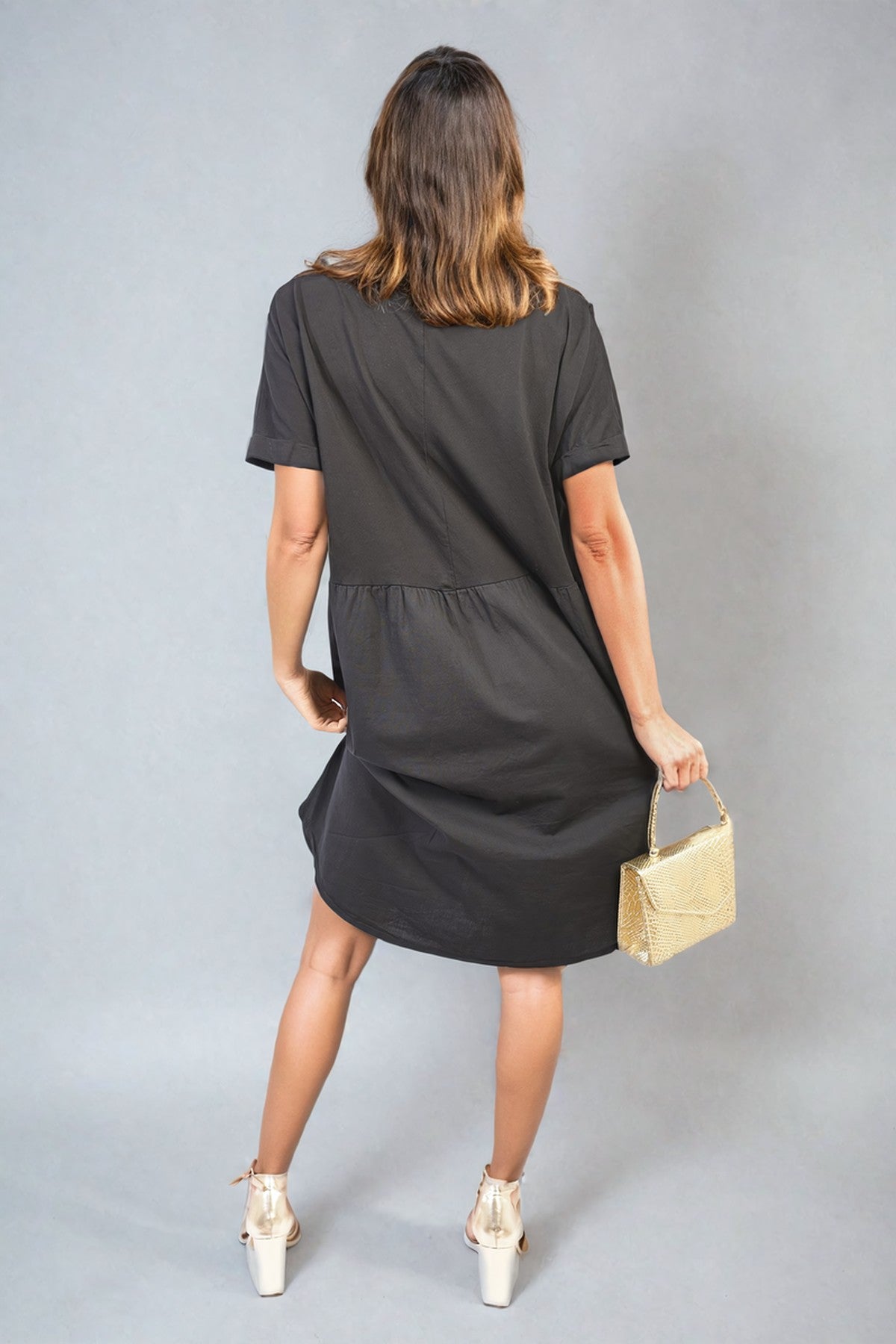 Aileen Short Sleeve Button Front Midi Dress - Black