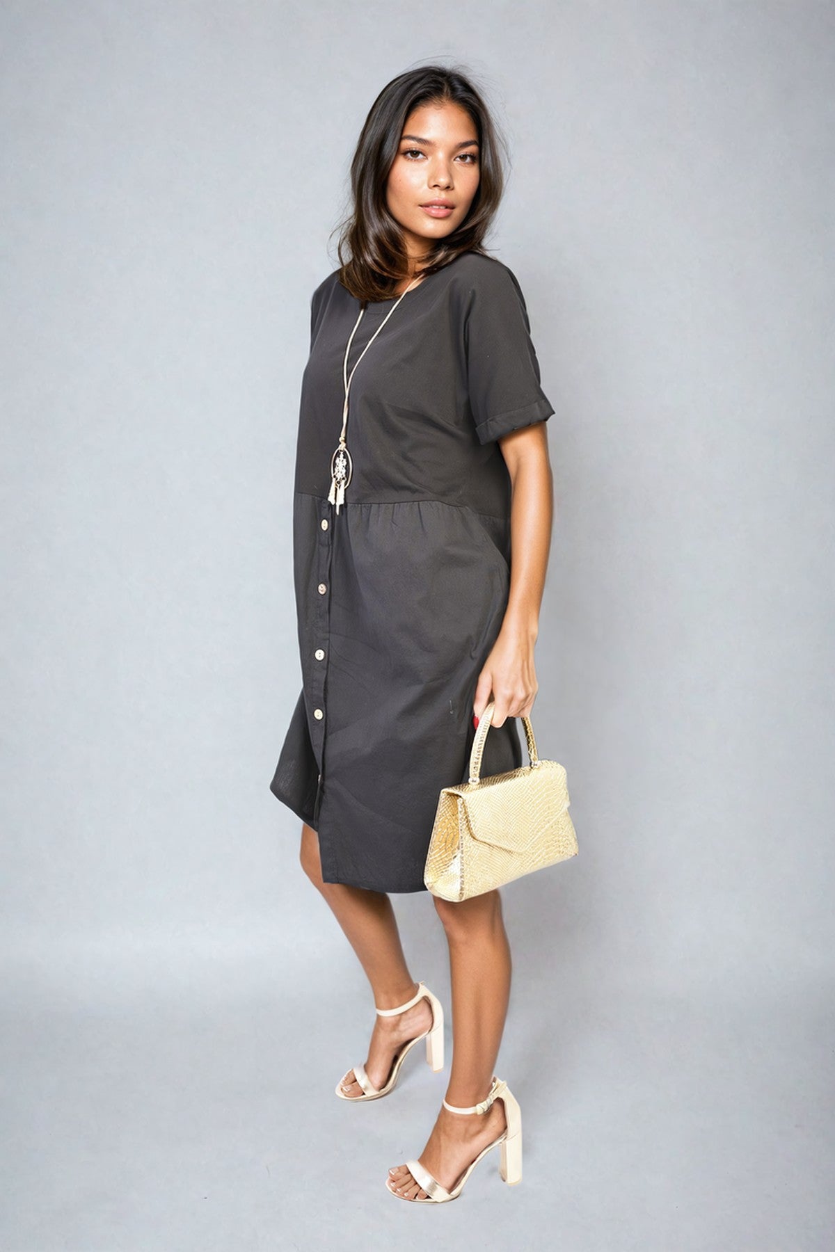 Aileen Short Sleeve Button Front Midi Dress - Black