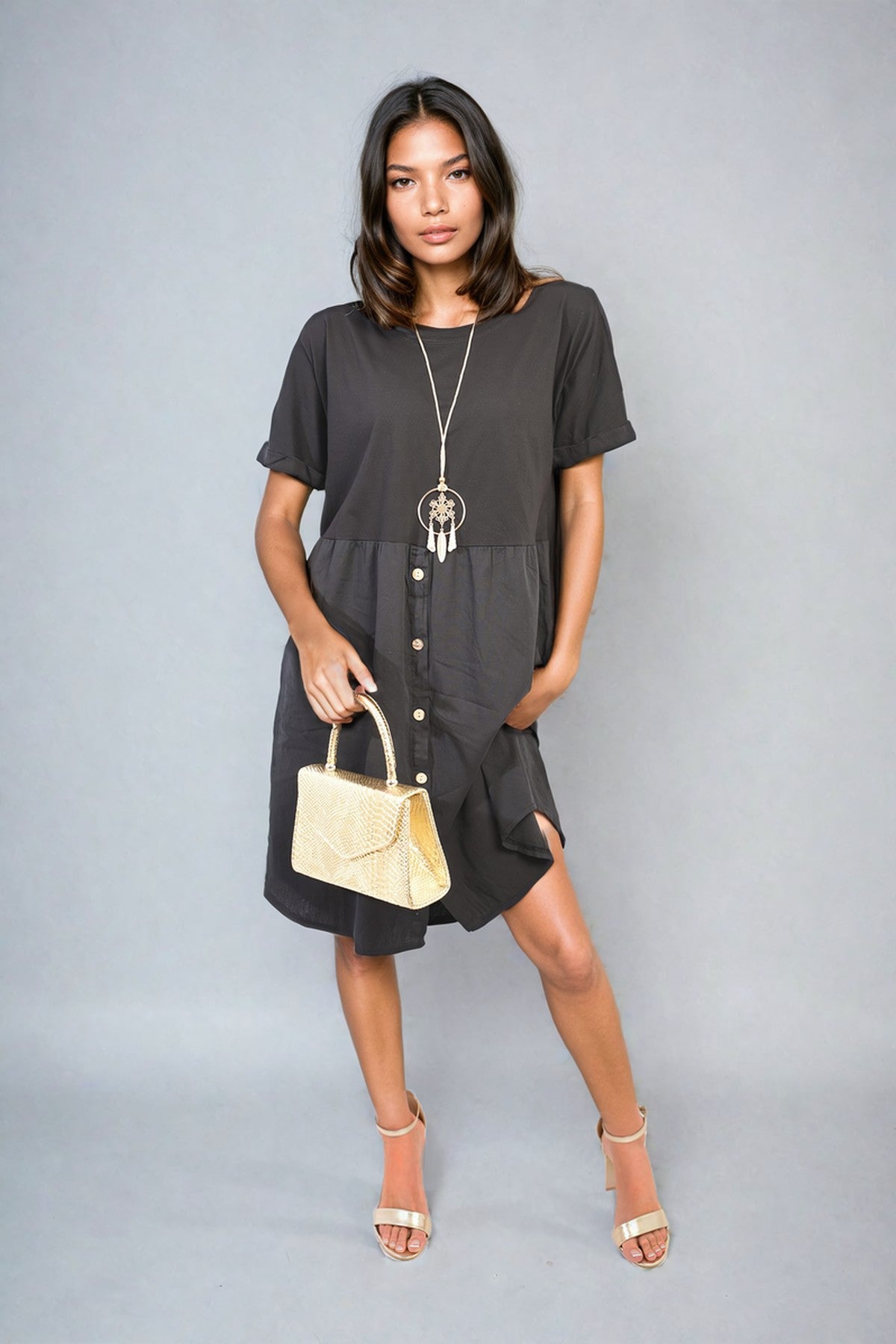 Aileen Short Sleeve Button Front Midi Dress - Black