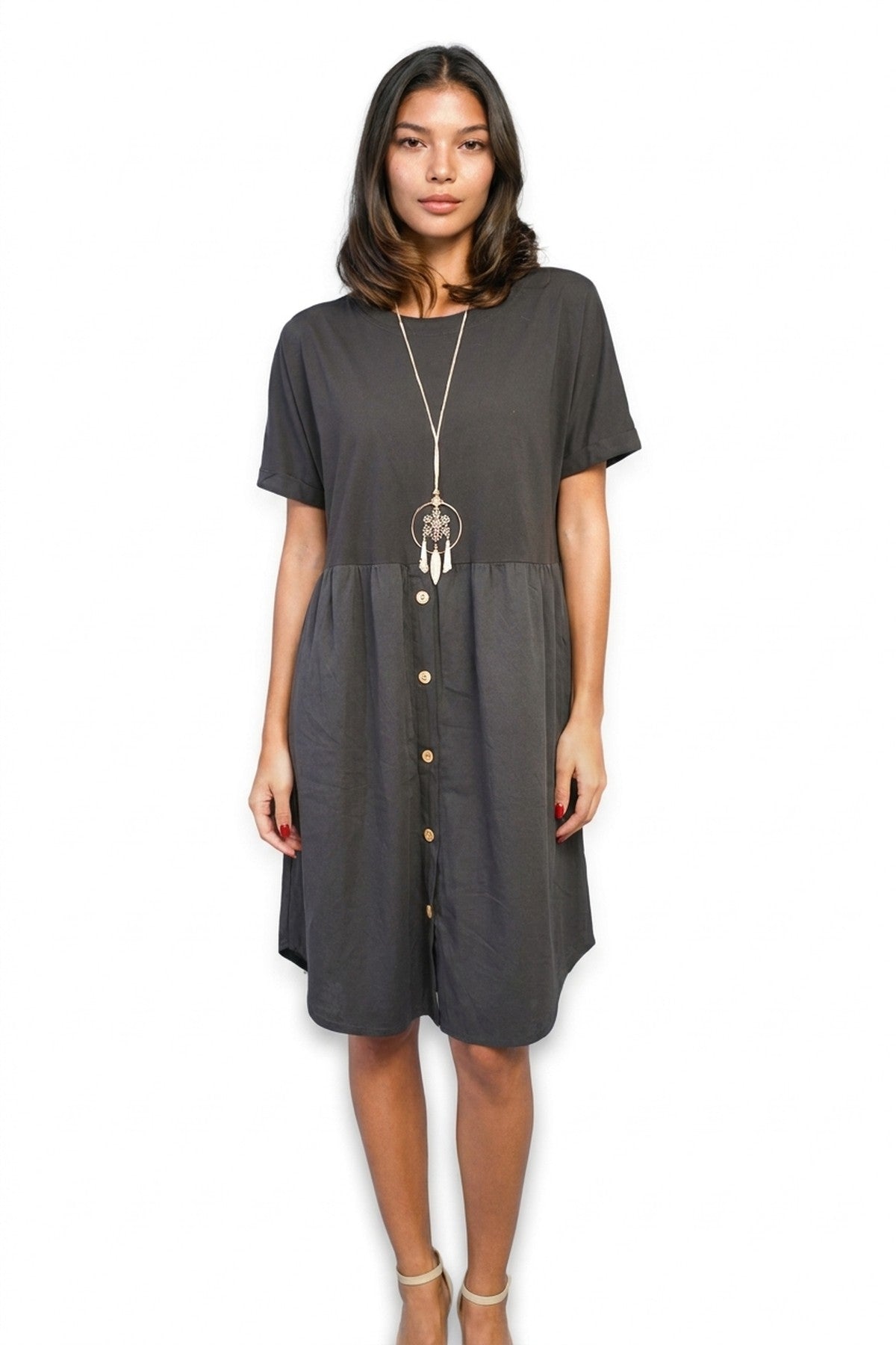 Aileen Short Sleeve Button Front Midi Dress - Black_wb