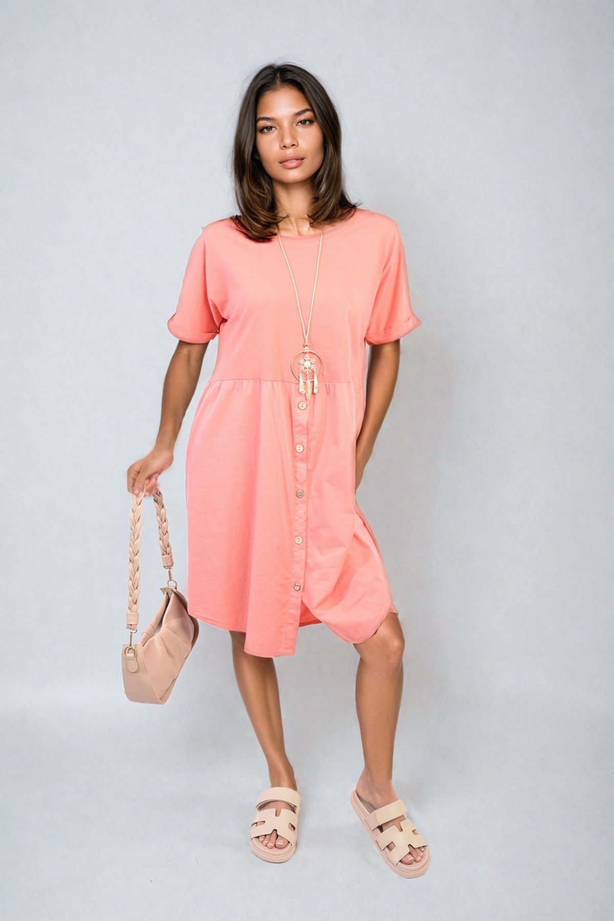 Aileen Short Sleeve Button Front Midi Dress - Coral