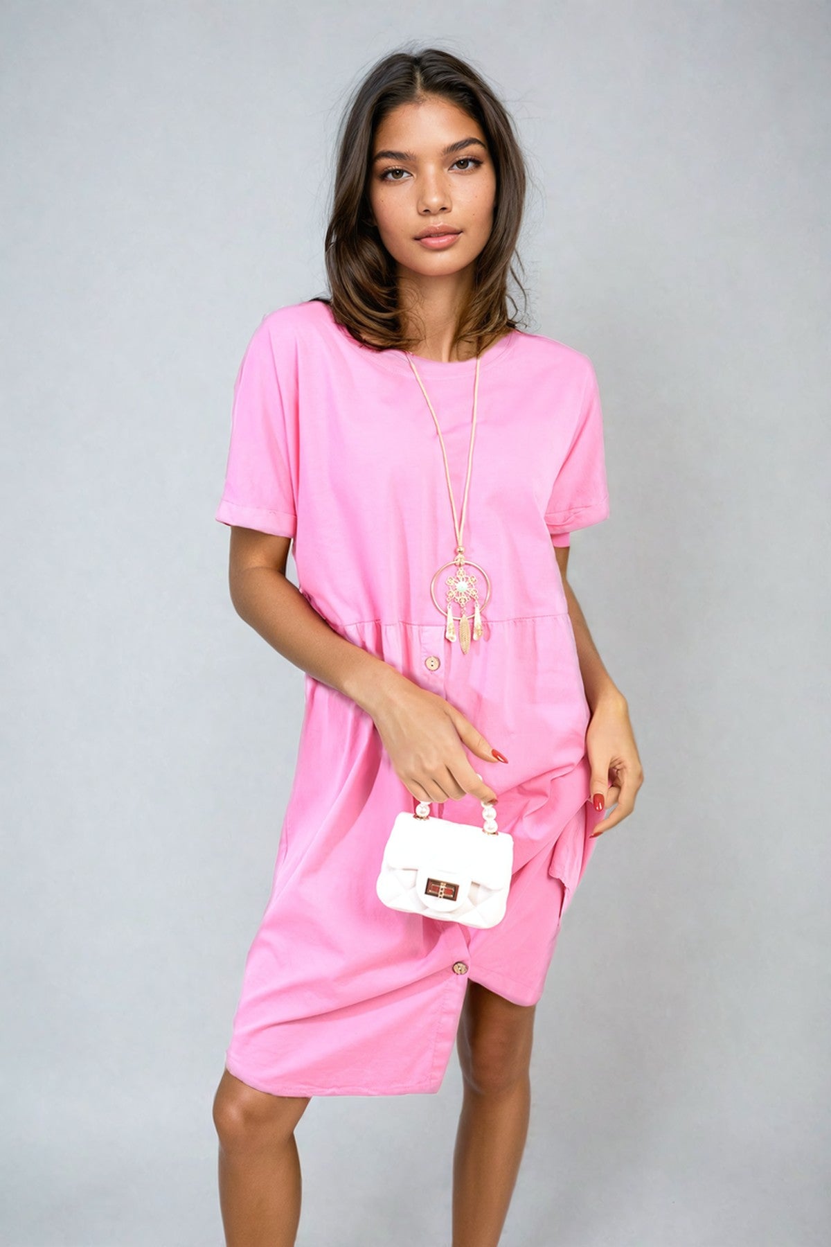 Aileen Short Sleeve Button Front Midi Dress - Fuschia