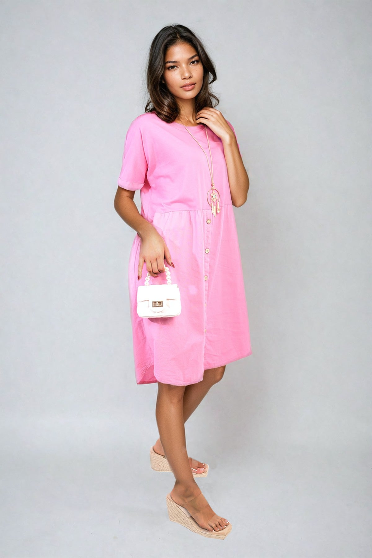 Aileen Short Sleeve Button Front Midi Dress - Fuschia
