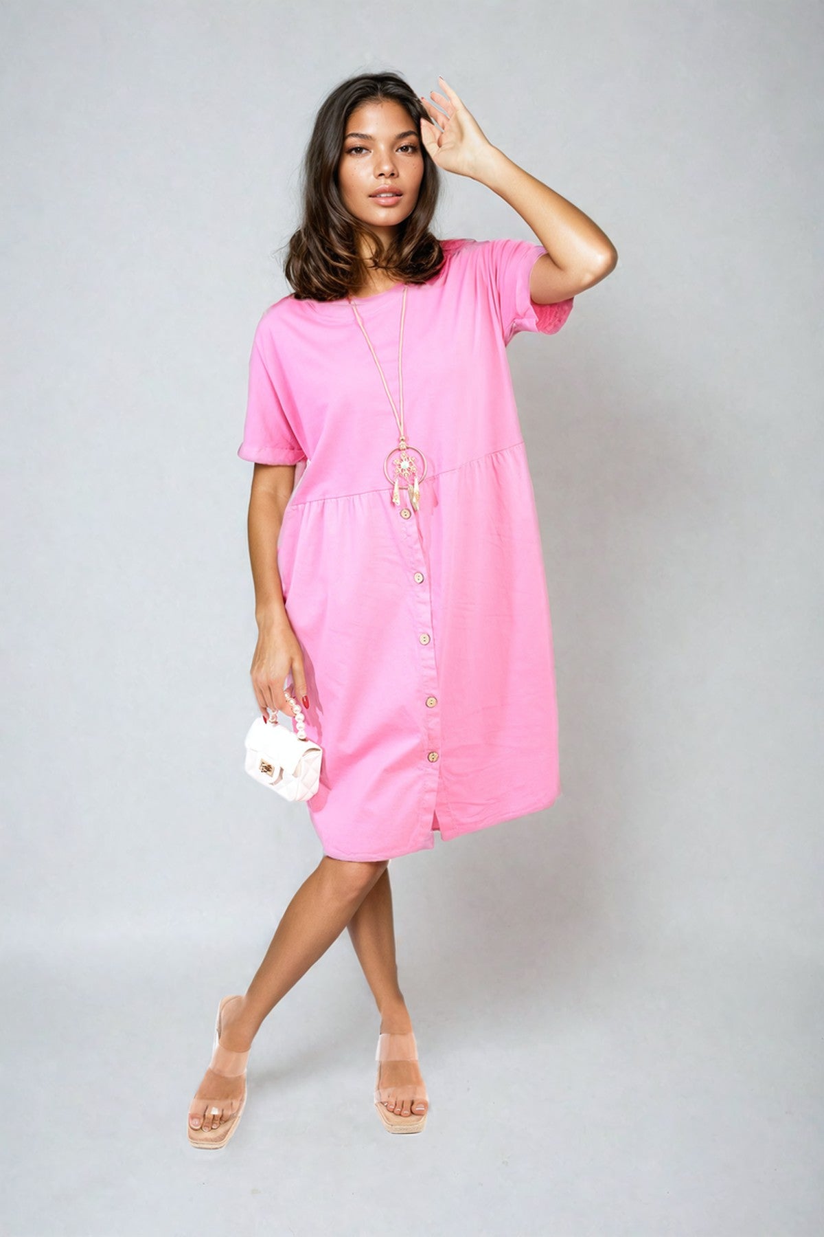 Aileen Short Sleeve Button Front Midi Dress - Fuschia