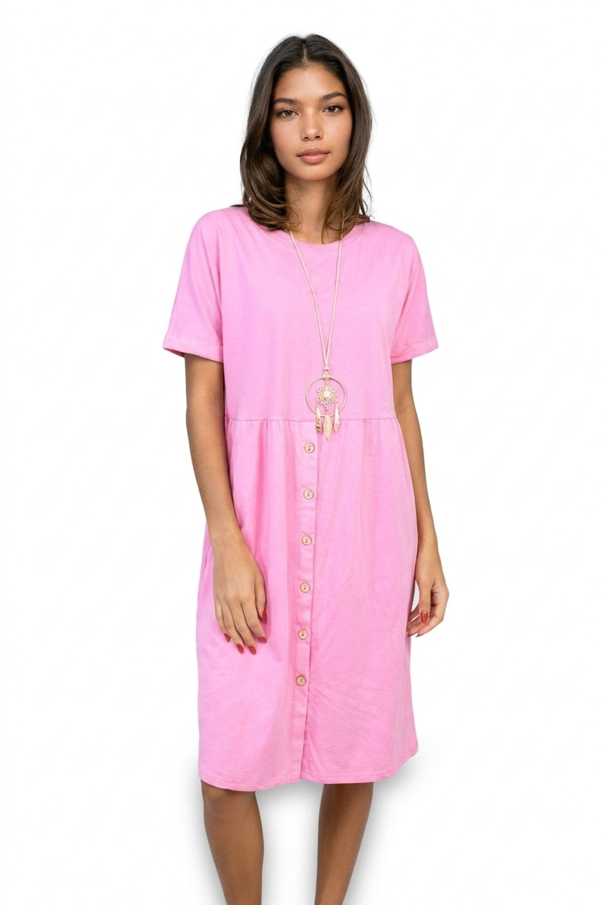 Aileen Short Sleeve Button Front Midi Dress - Fuschia