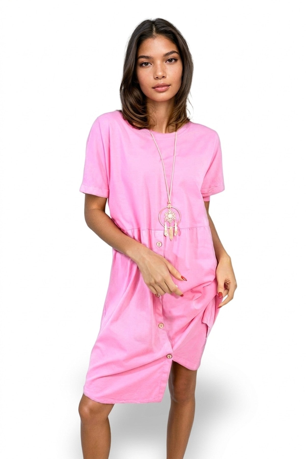 Aileen Short Sleeve Button Front Midi Dress - Fuschia_wb