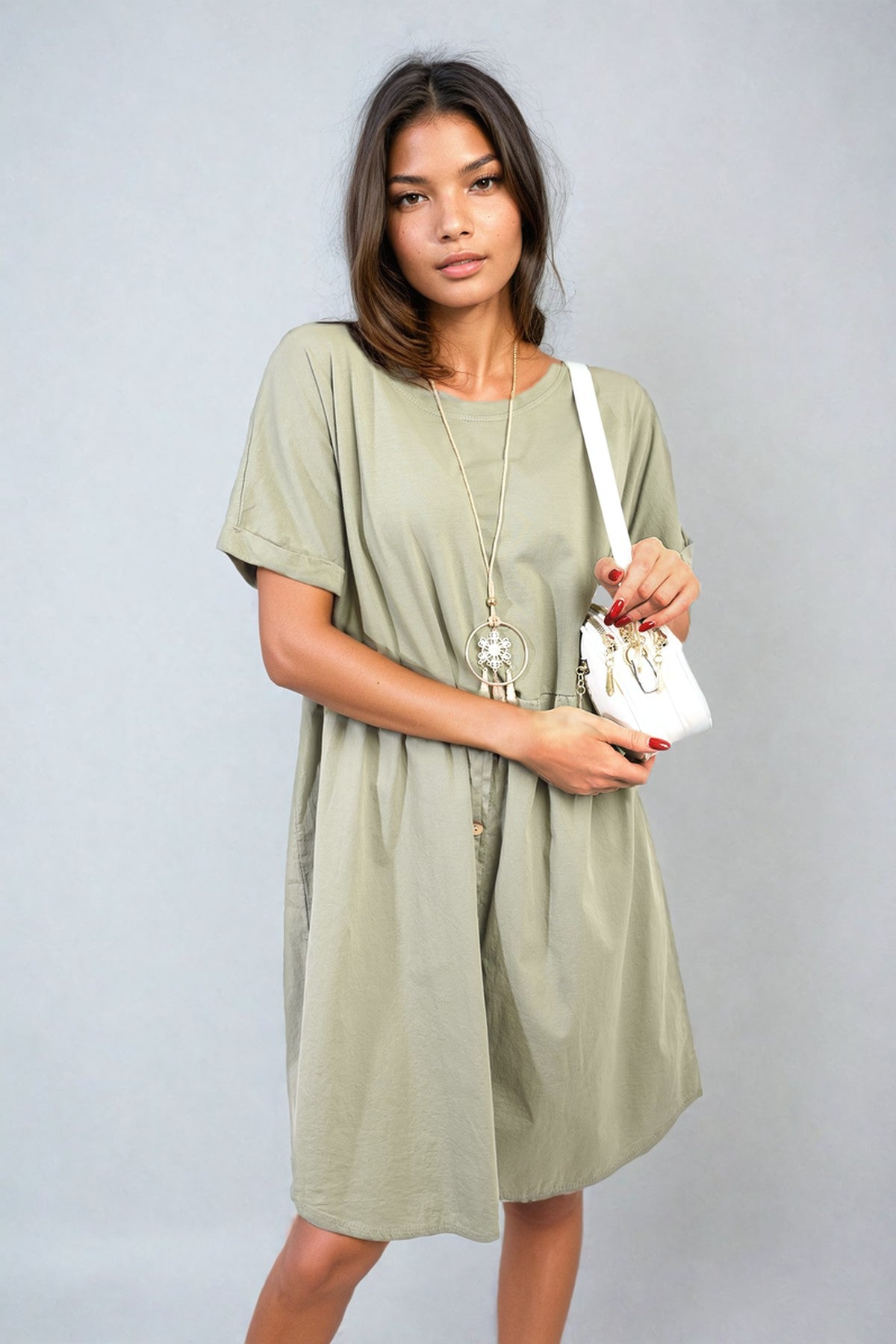 Aileen Short Sleeve Button Front Midi Dress - Khaki
