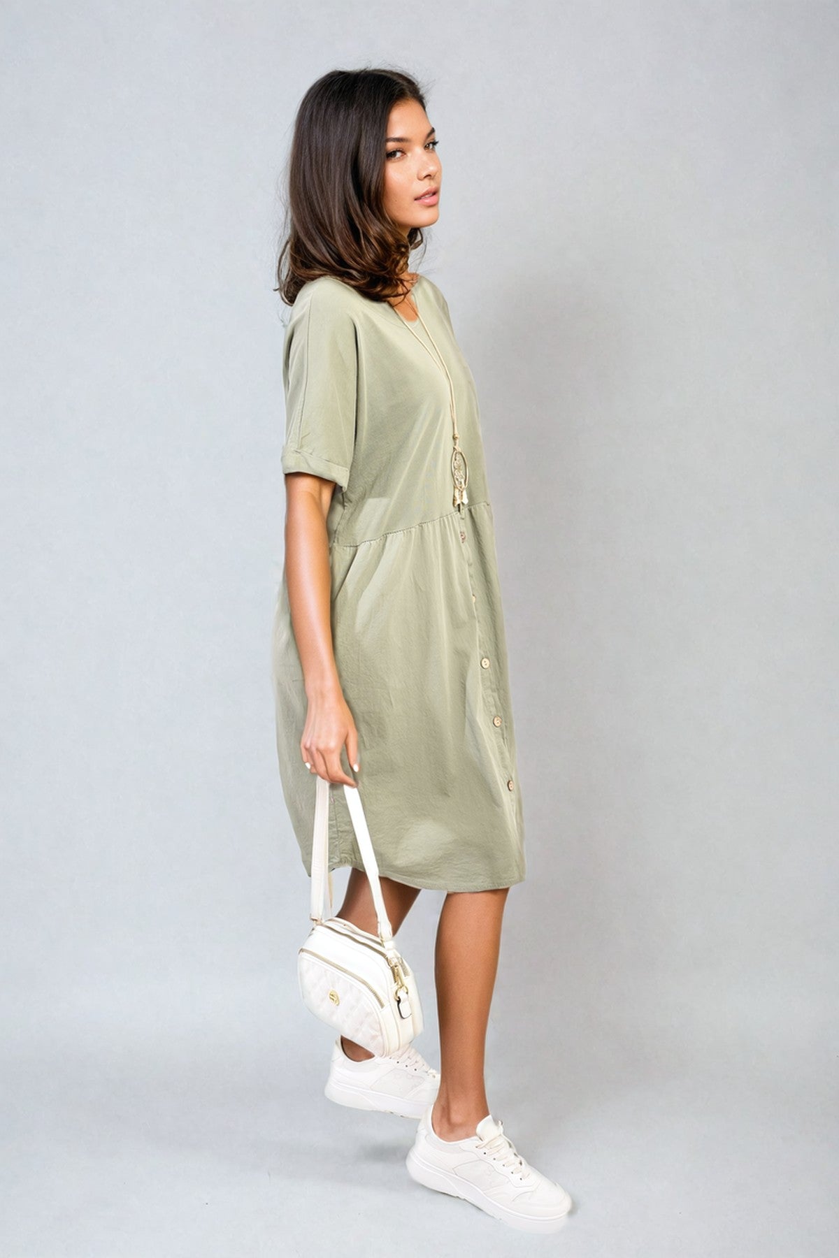 Aileen Short Sleeve Button Front Midi Dress - Khaki