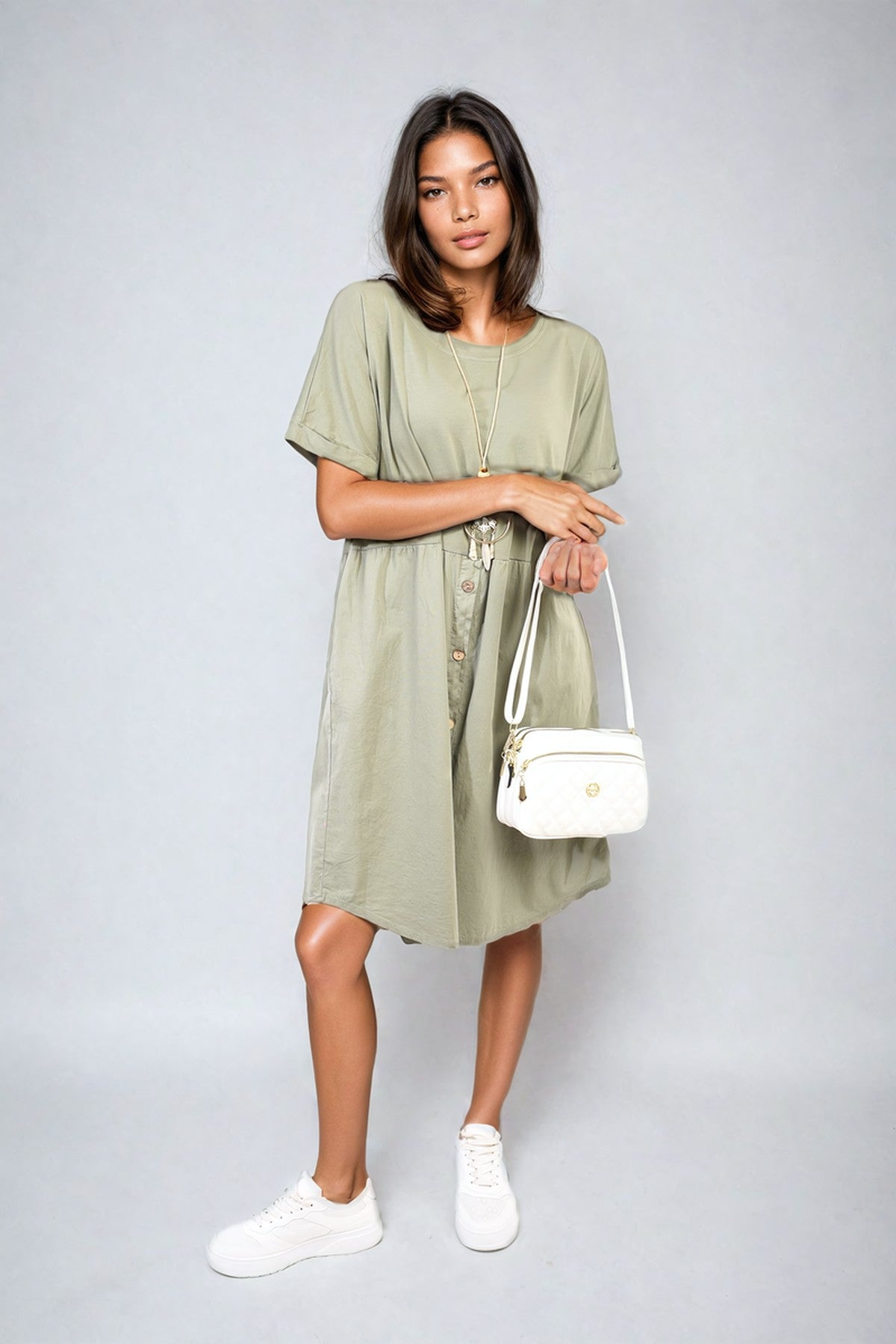 Aileen Short Sleeve Button Front Midi Dress - Khaki