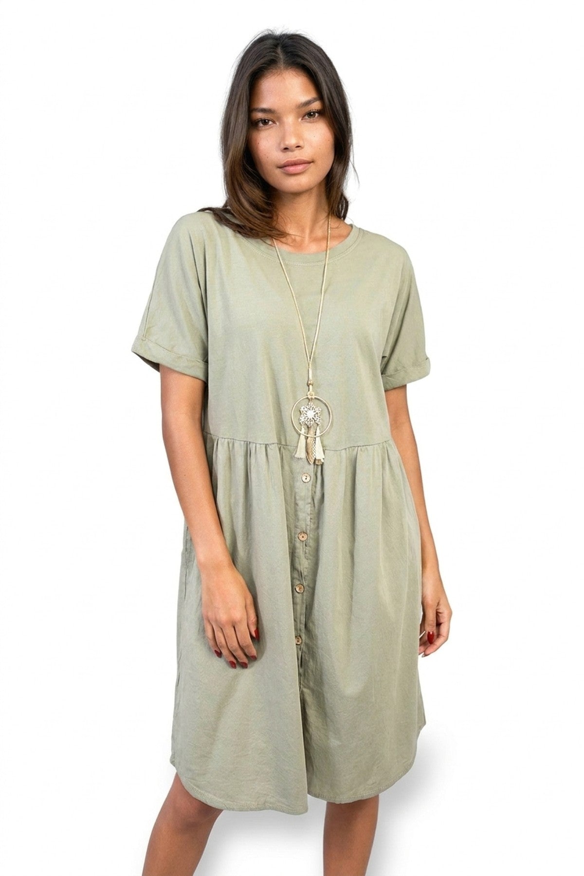 Aileen Short Sleeve Button Front Midi Dress - Khaki_wb