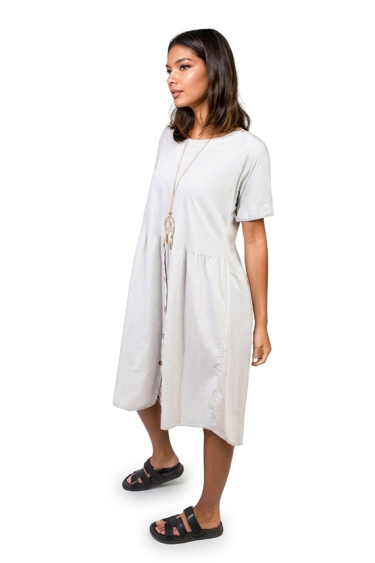 Aileen Short Sleeve Button Front Midi Dress - LIGHT GREY