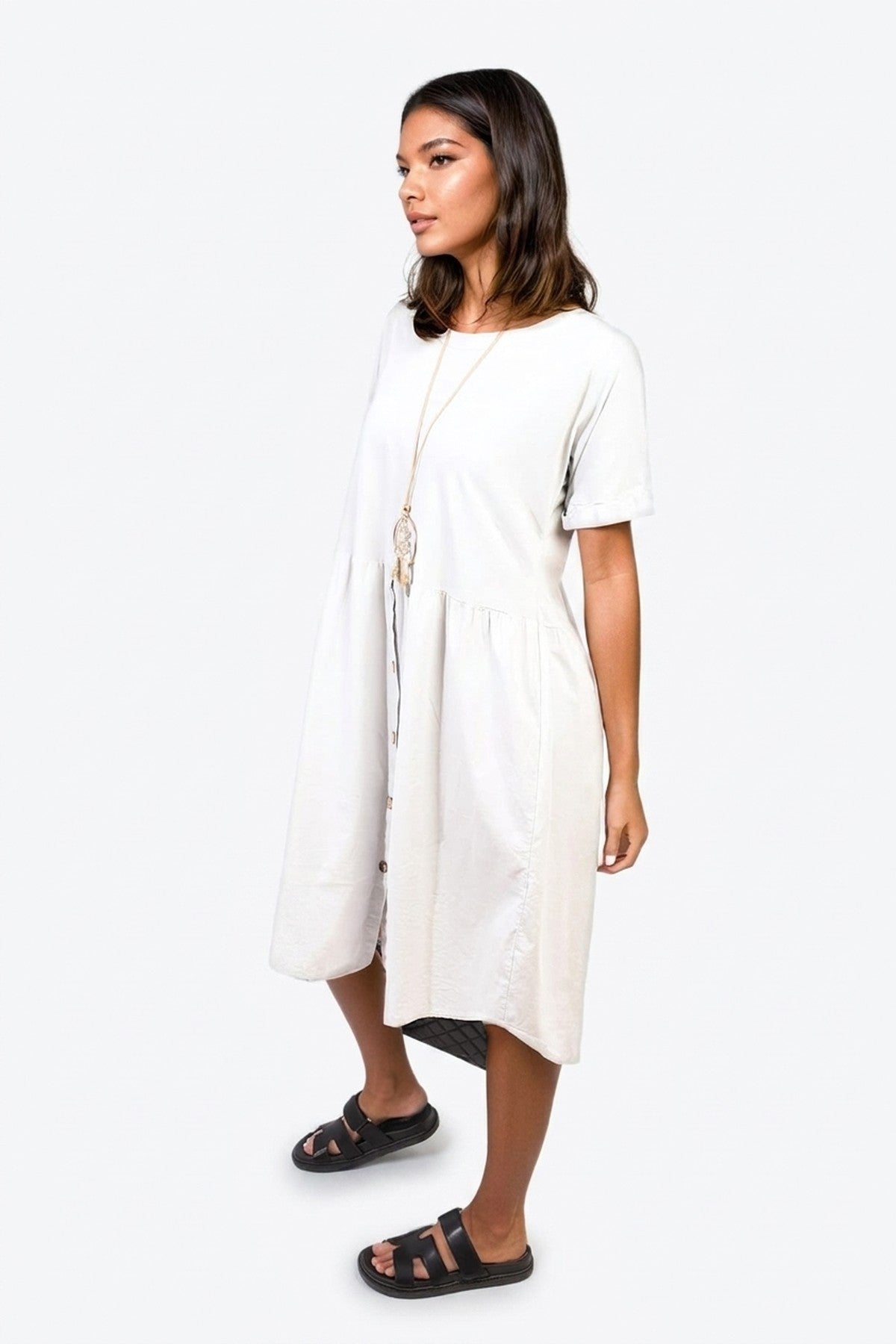 Aileen Short Sleeve Button Front Midi Dress - LIGHT GREY_wb