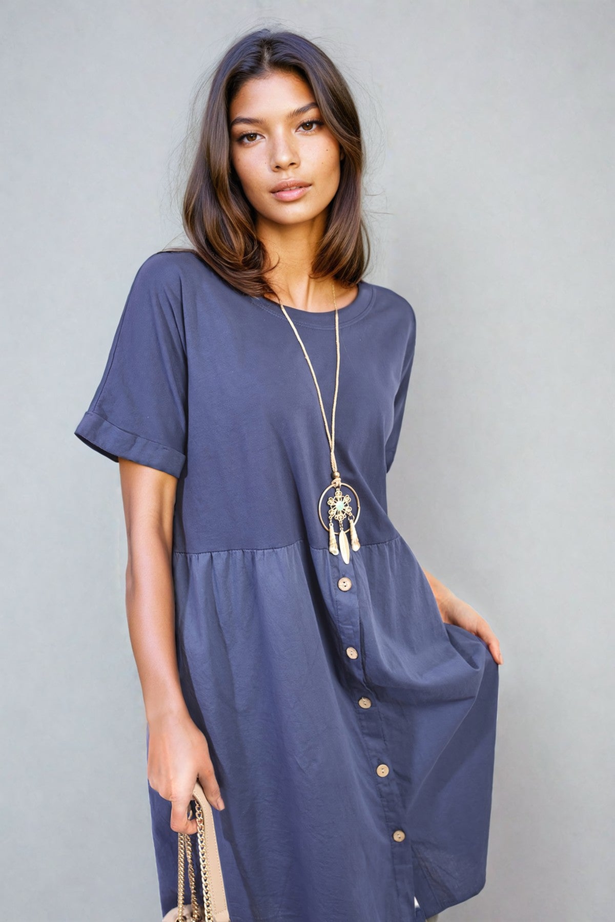Aileen Short Sleeve Button Front Midi Dress - Navy
