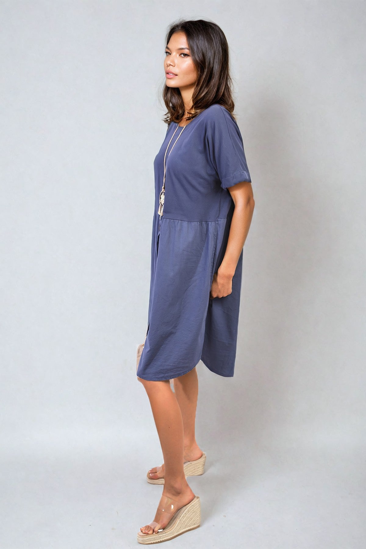 Aileen Short Sleeve Button Front Midi Dress - Navy
