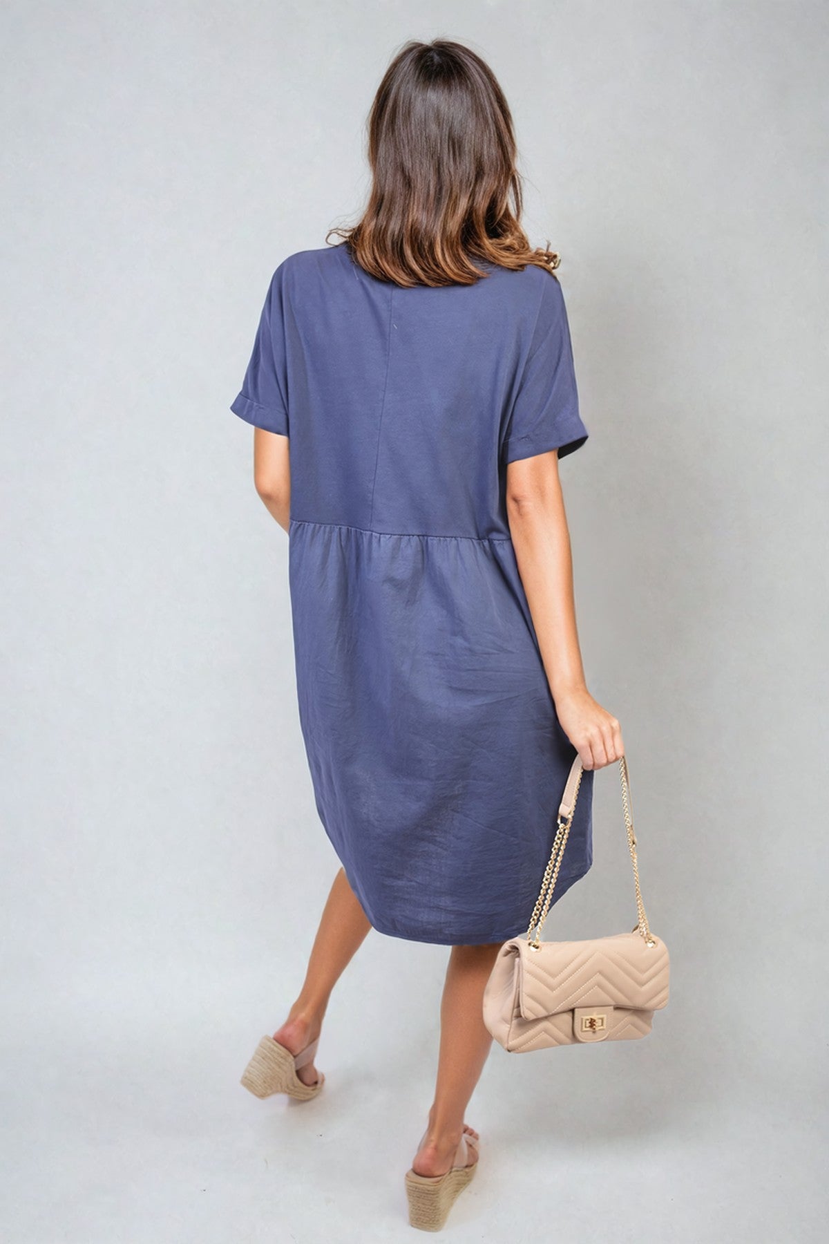 Aileen Short Sleeve Button Front Midi Dress - Navy