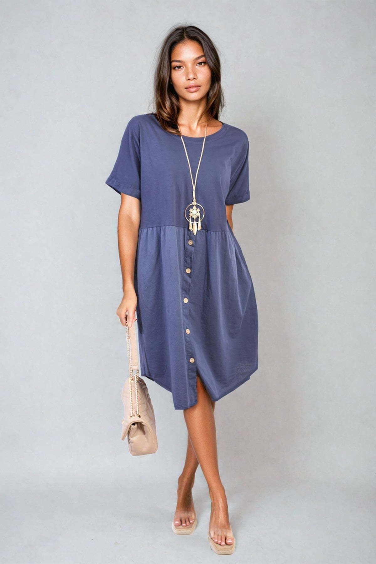 Aileen Short Sleeve Button Front Midi Dress - Navy