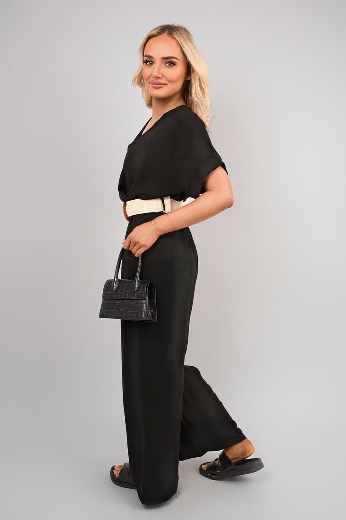 Ailina V Neck Short Sleeve Wide Leg Jumpsuit With Woven Belt - Black