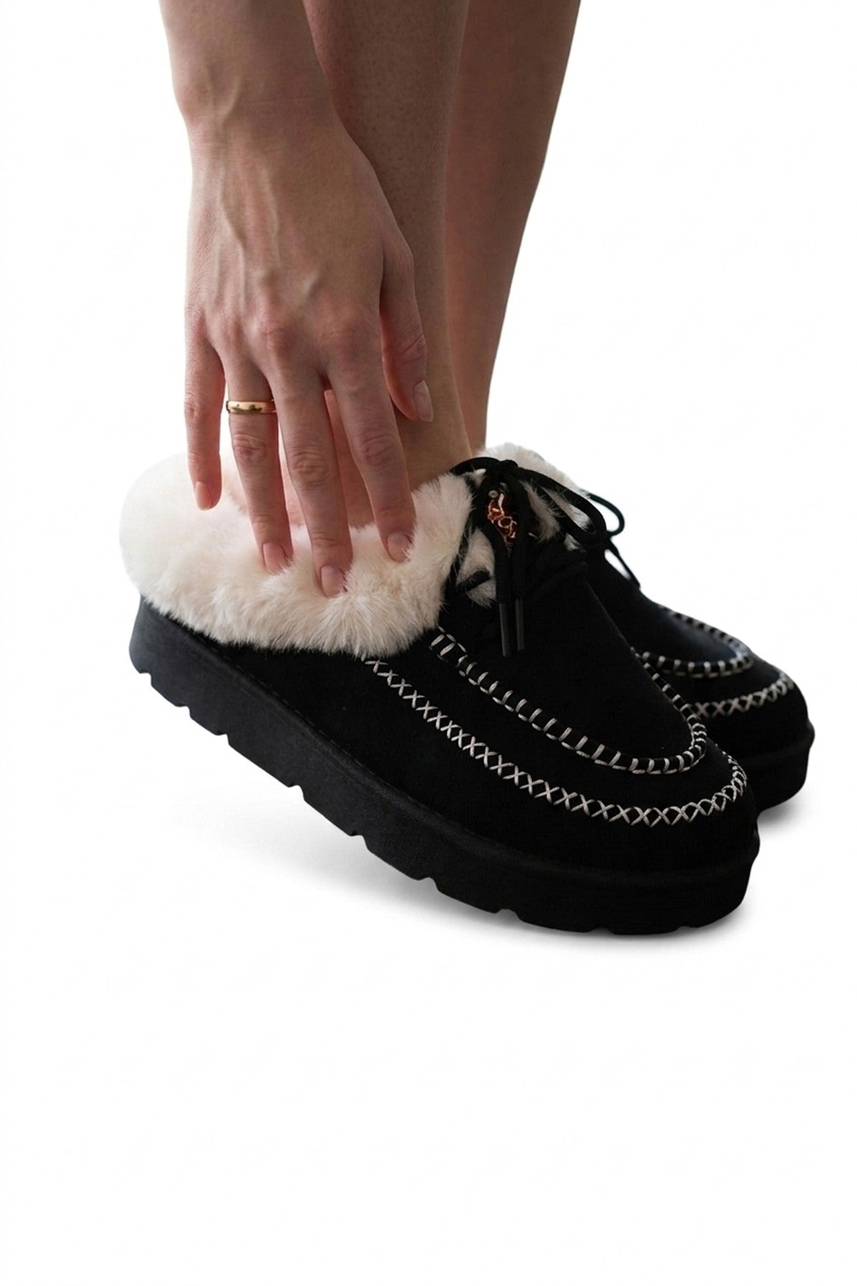 Aine Faux Fur Lace Up Platform Slipper Mules - Black_wb