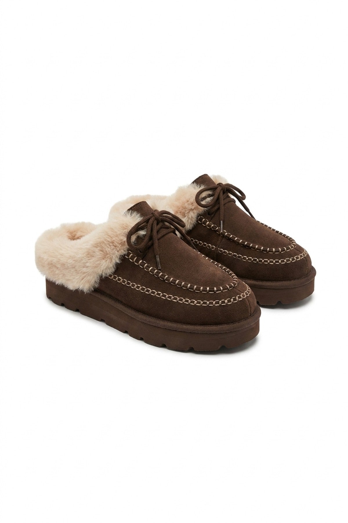 Aine Faux Fur Lace Up Platform Slipper Mules - Brown_wb