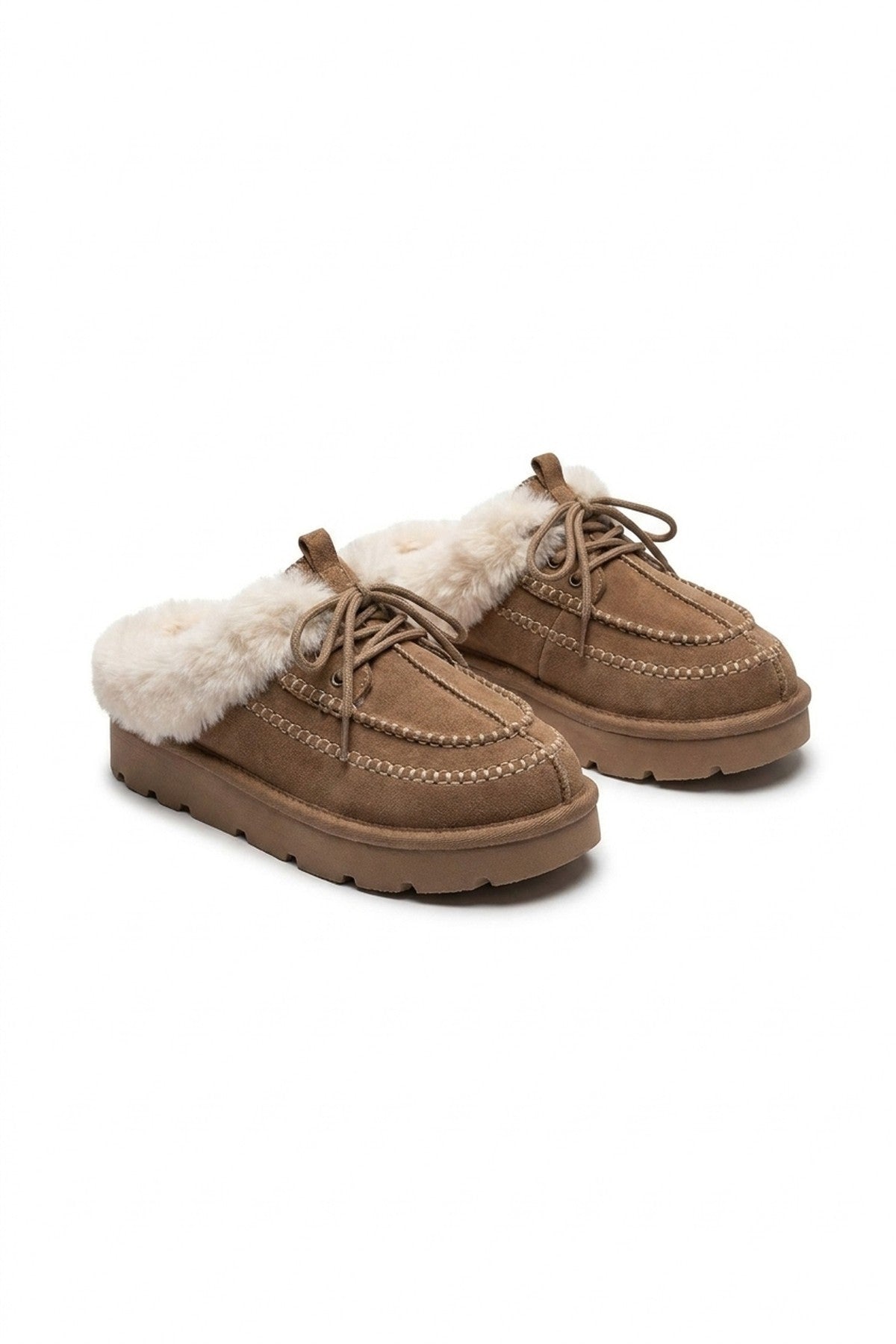 Aine Faux Fur Lace Up Platform Slipper Mules - Khaki_wb