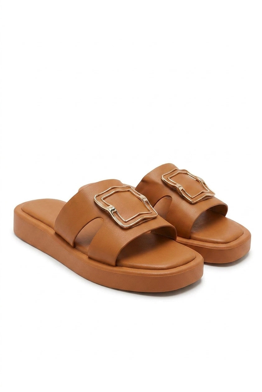 Aisha Faux Leather Slip On Sandals - CAMEL