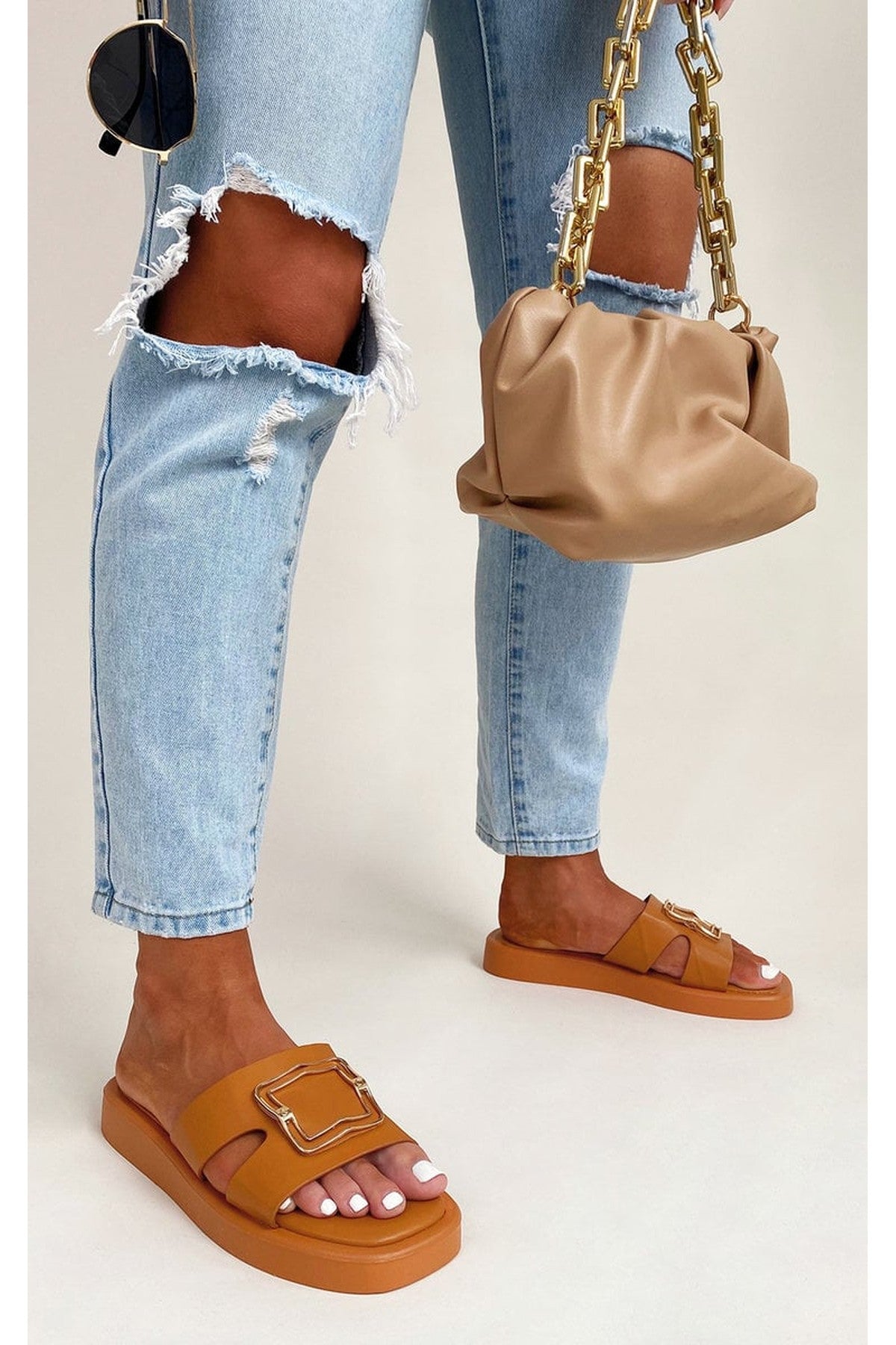 Aisha Faux Leather Slip On Sandals - Camel