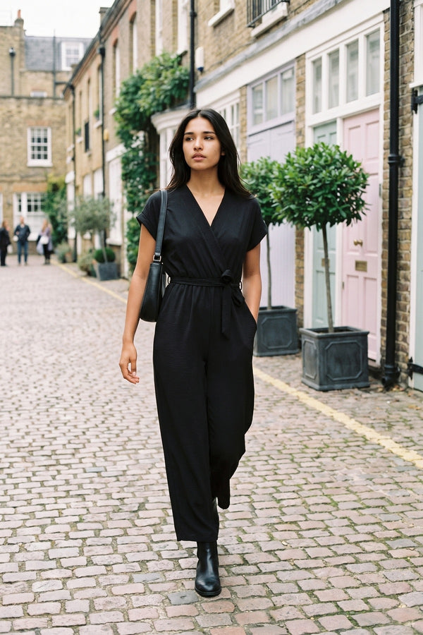 Alessandra Belted V Neck Jumpsuit With Side Pockets - Black