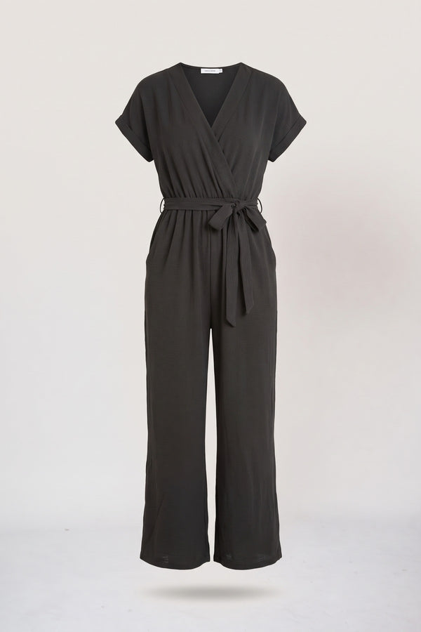Alessandra Belted V Neck Jumpsuit With Side Pockets - Black