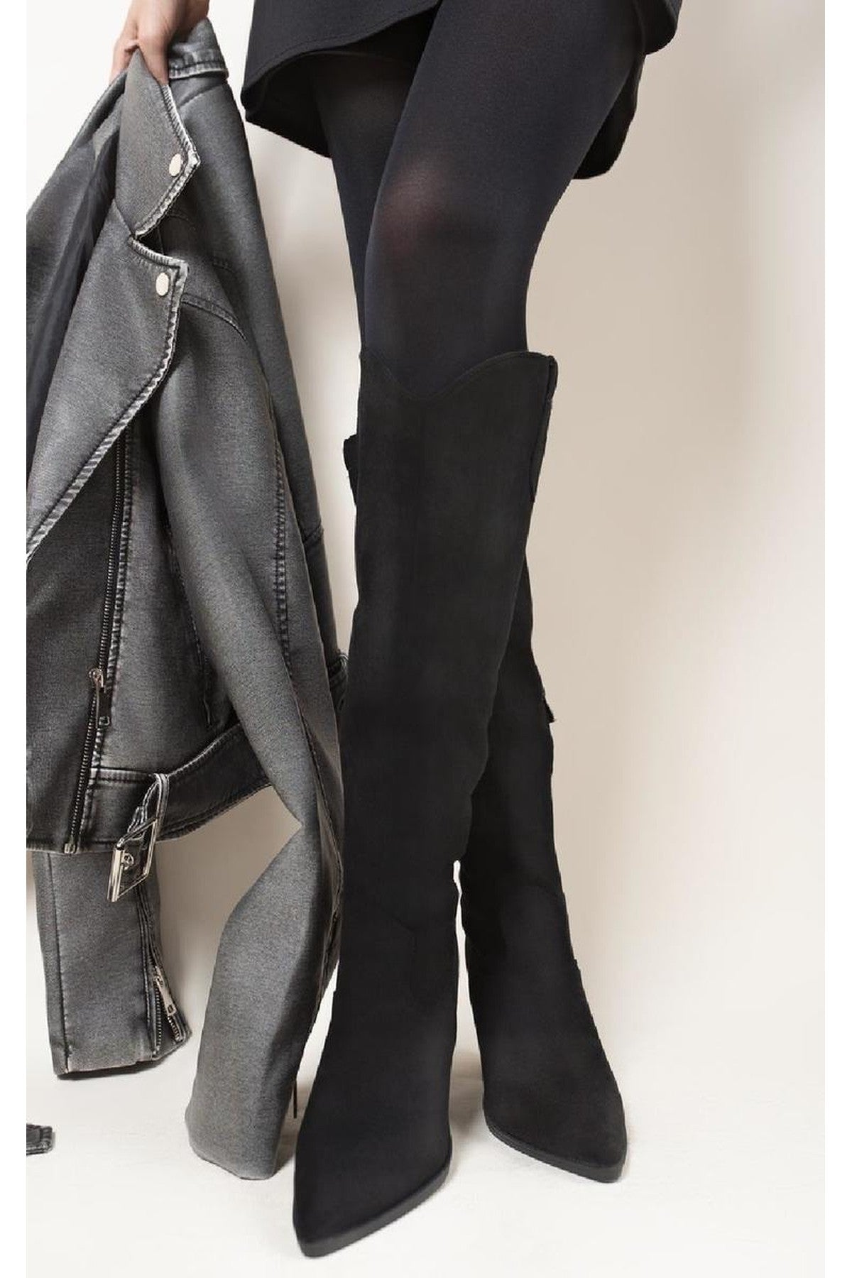 Aletta Pointed Toe Block Heel Knee High Boots - Black