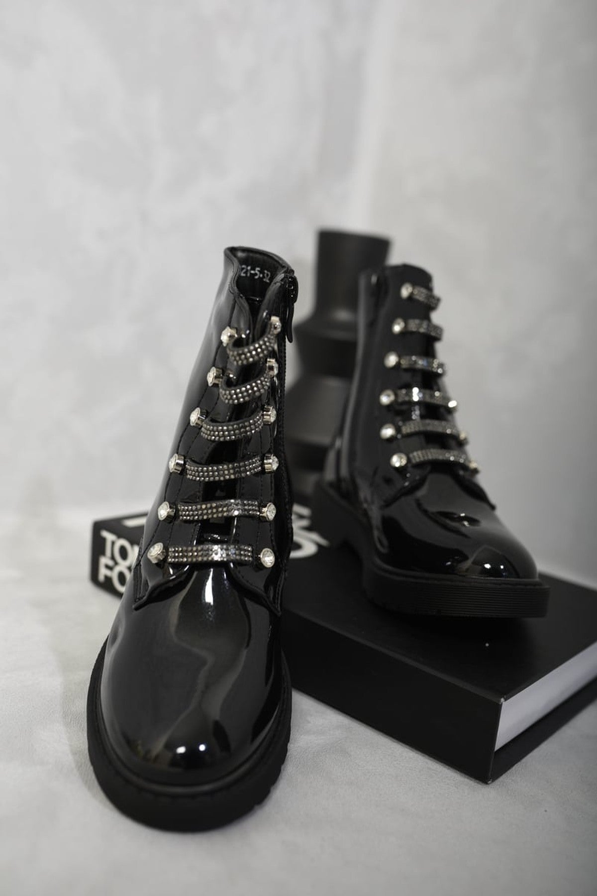 Alexandra Lace Up Diamante Ankle Boots - Black