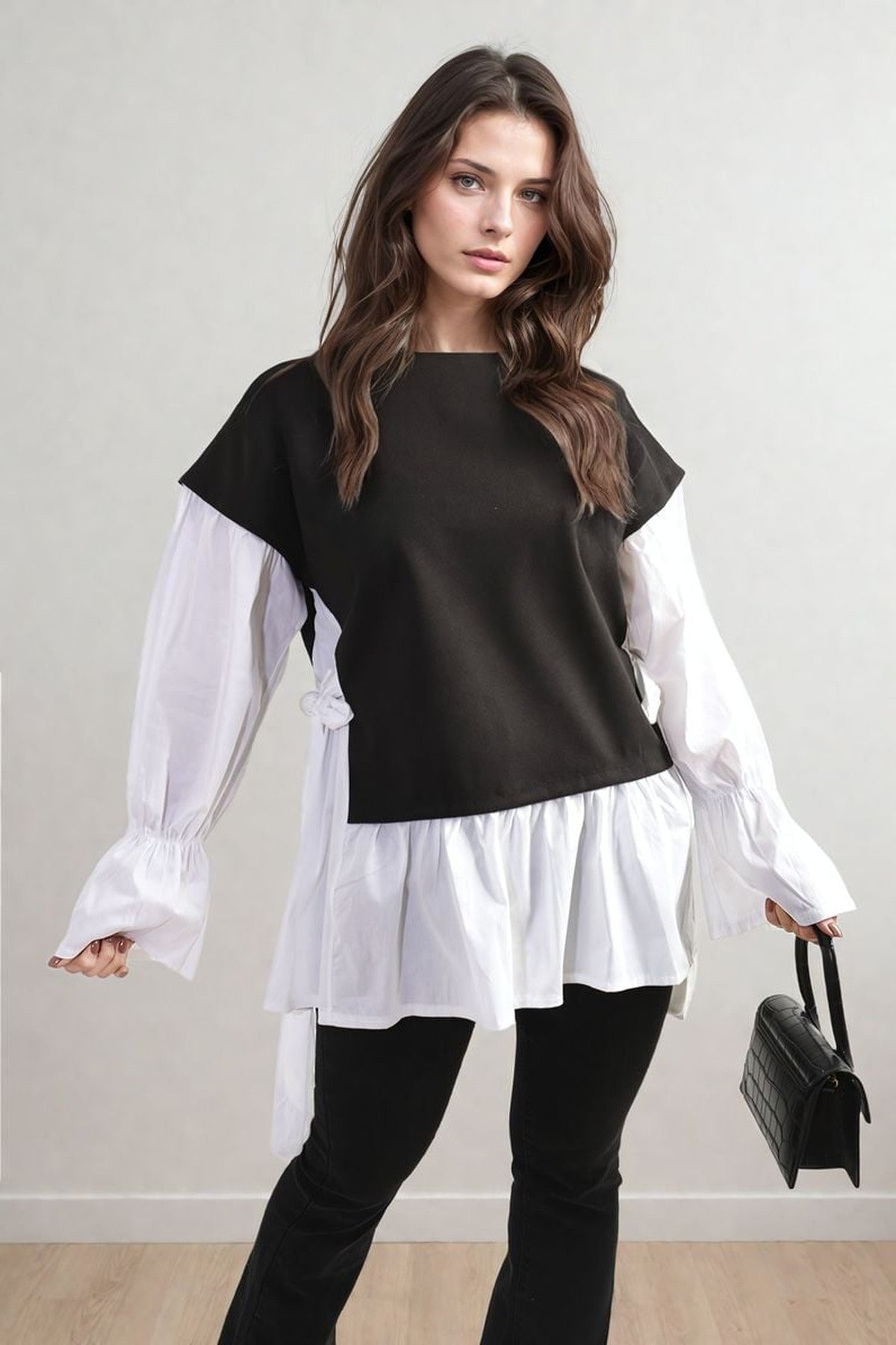 Alicia Side Tie Contrast Long Sleeve Knit Frill Top - Black