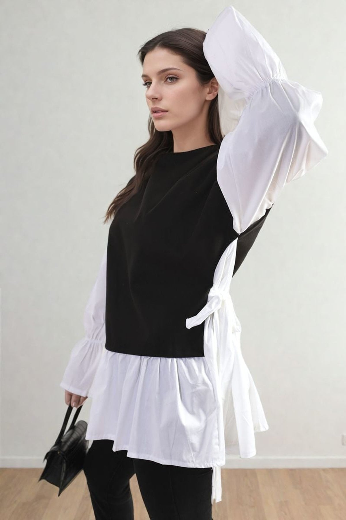 Alicia Side Tie Contrast Long Sleeve Knit Frill Top - Black