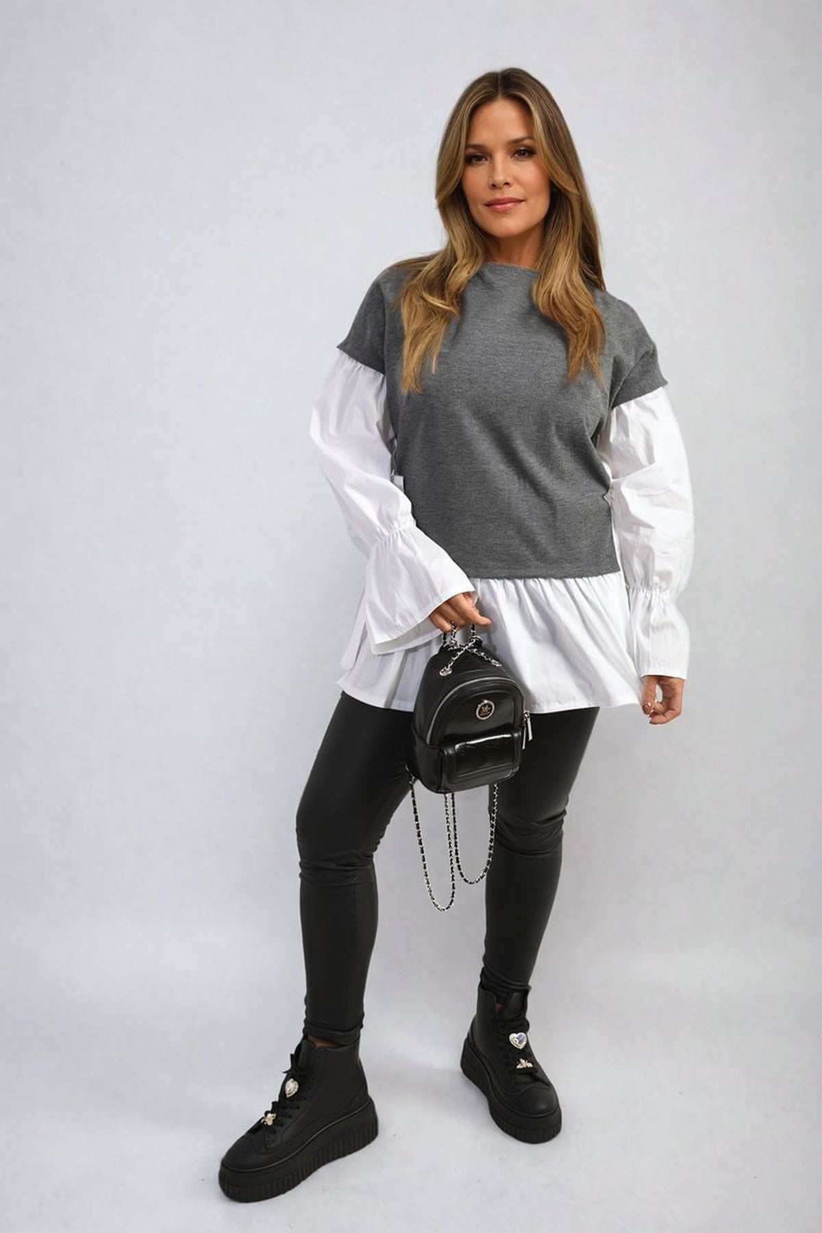 Alicia Side Tie Contrast Long Sleeve Knit Frill Top - Grey