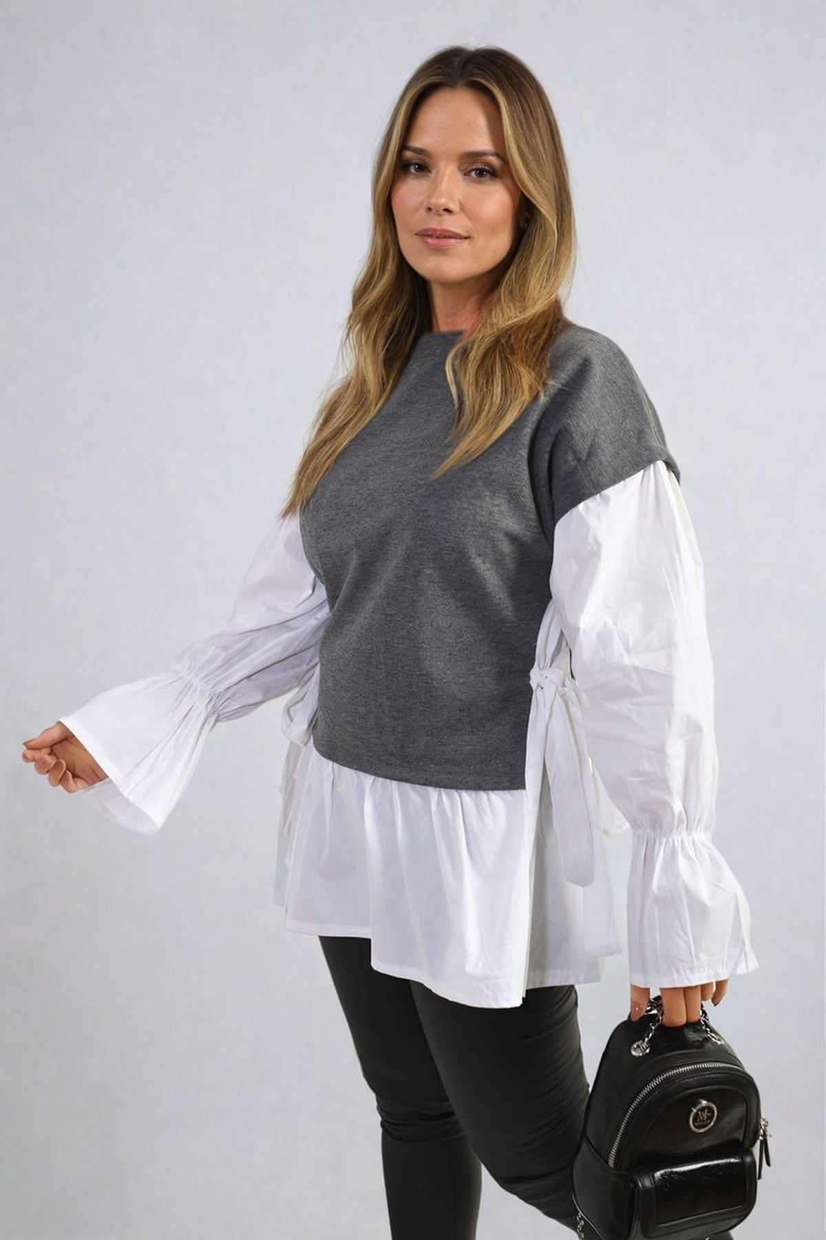 Alicia Side Tie Contrast Long Sleeve Knit Frill Top - Grey