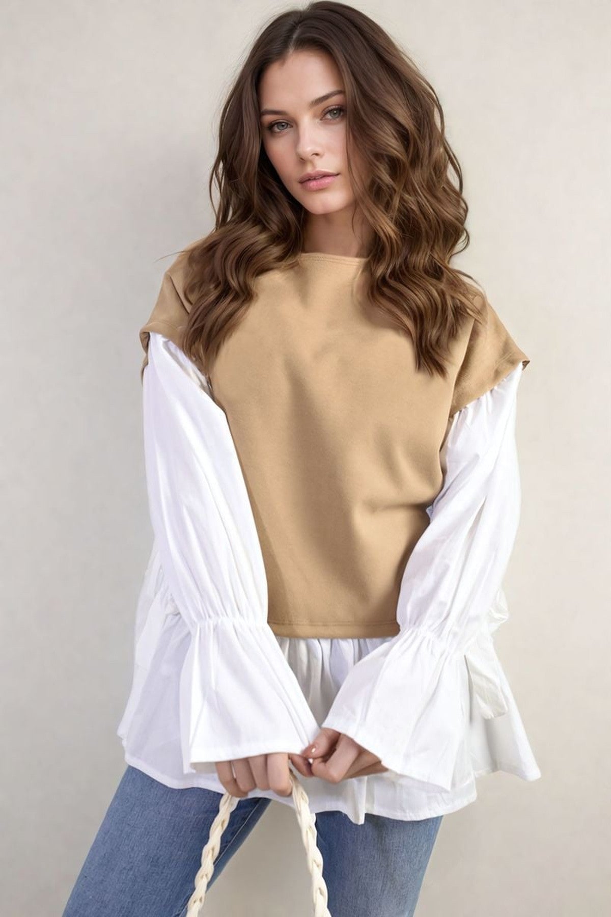 Alicia Side Tie Contrast Long Sleeve Knit Frill Top - Mocha