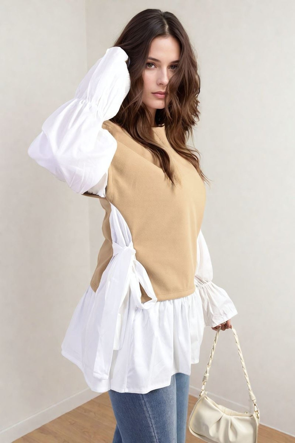 Alicia Side Tie Contrast Long Sleeve Knit Frill Top - Mocha