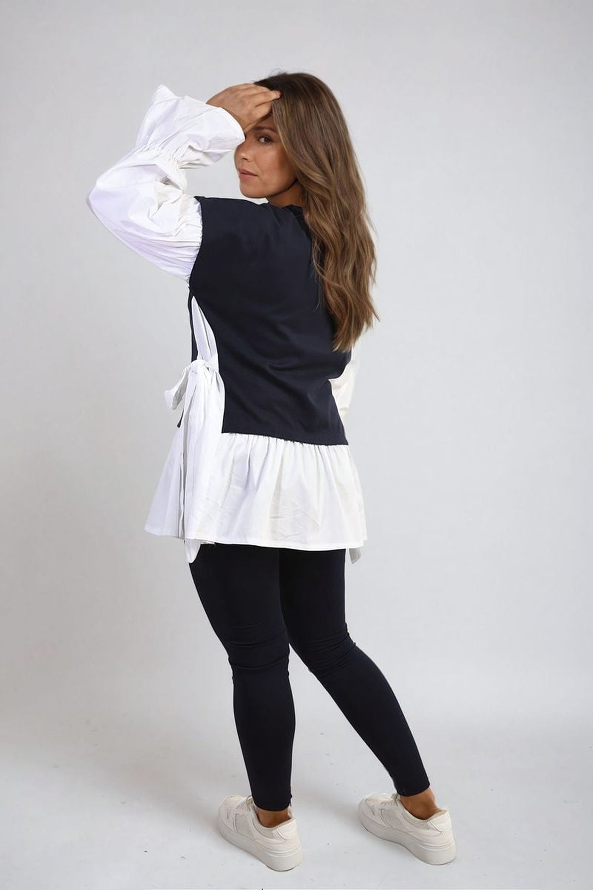 Alicia Side Tie Contrast Long Sleeve Knit Frill Top - Navy