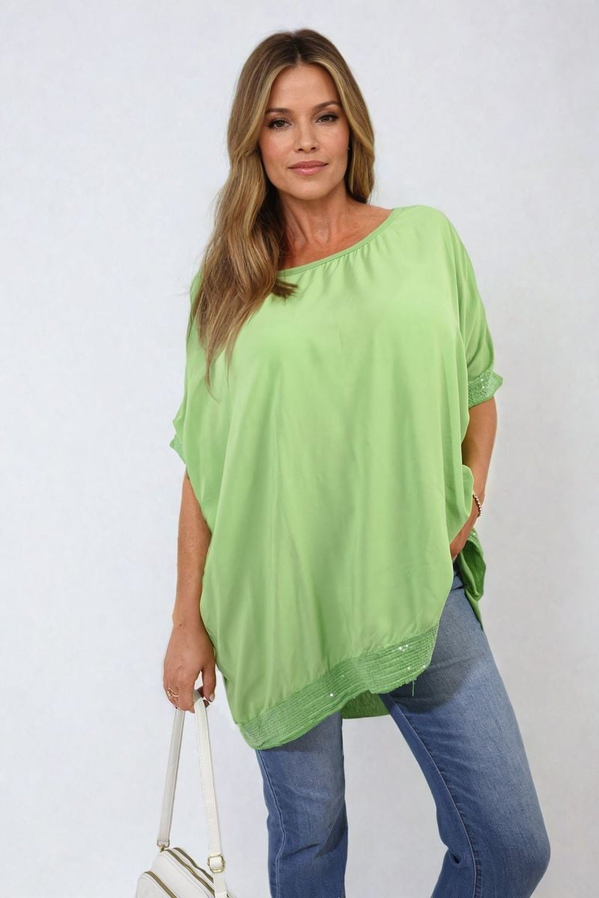 Amber Oversized Sequin Hem Flare Sleeve Top - Green