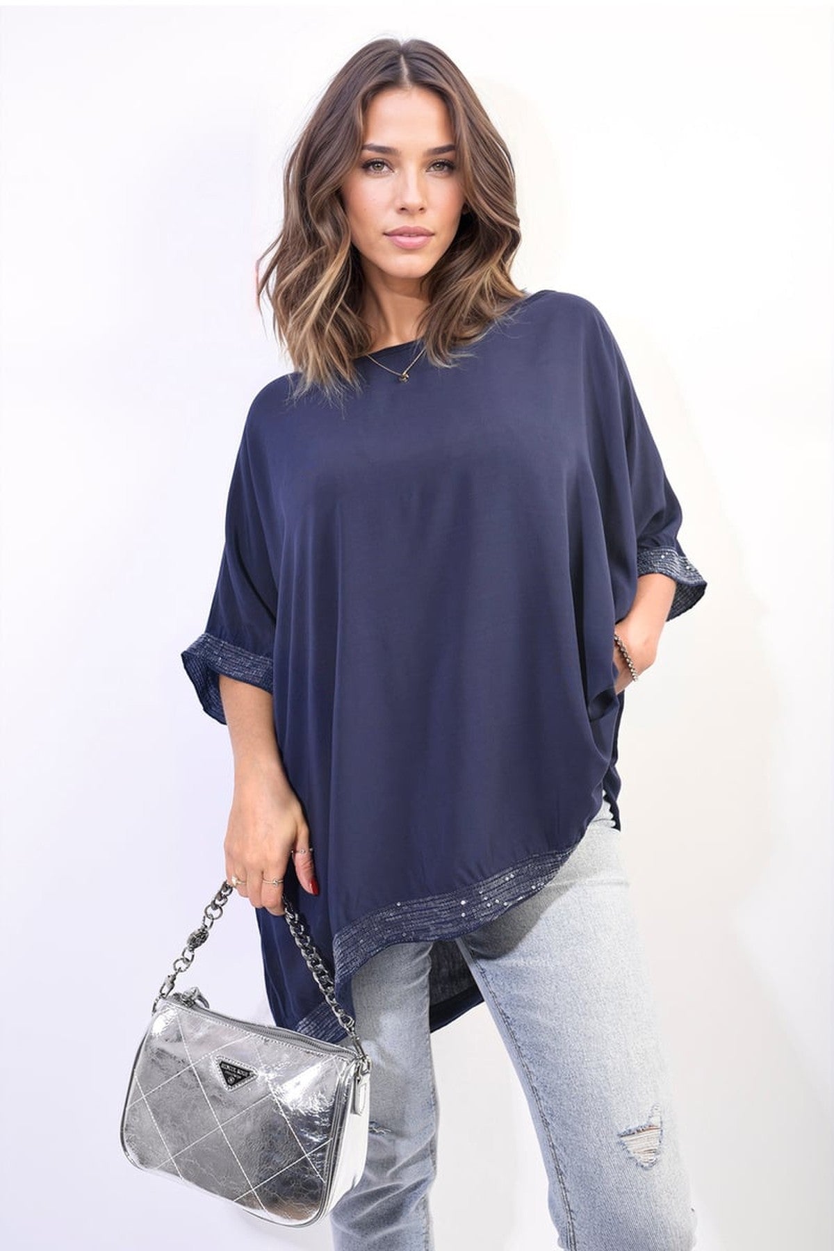 Amber Oversized Sequin Hem Flare Sleeve Top - Navy