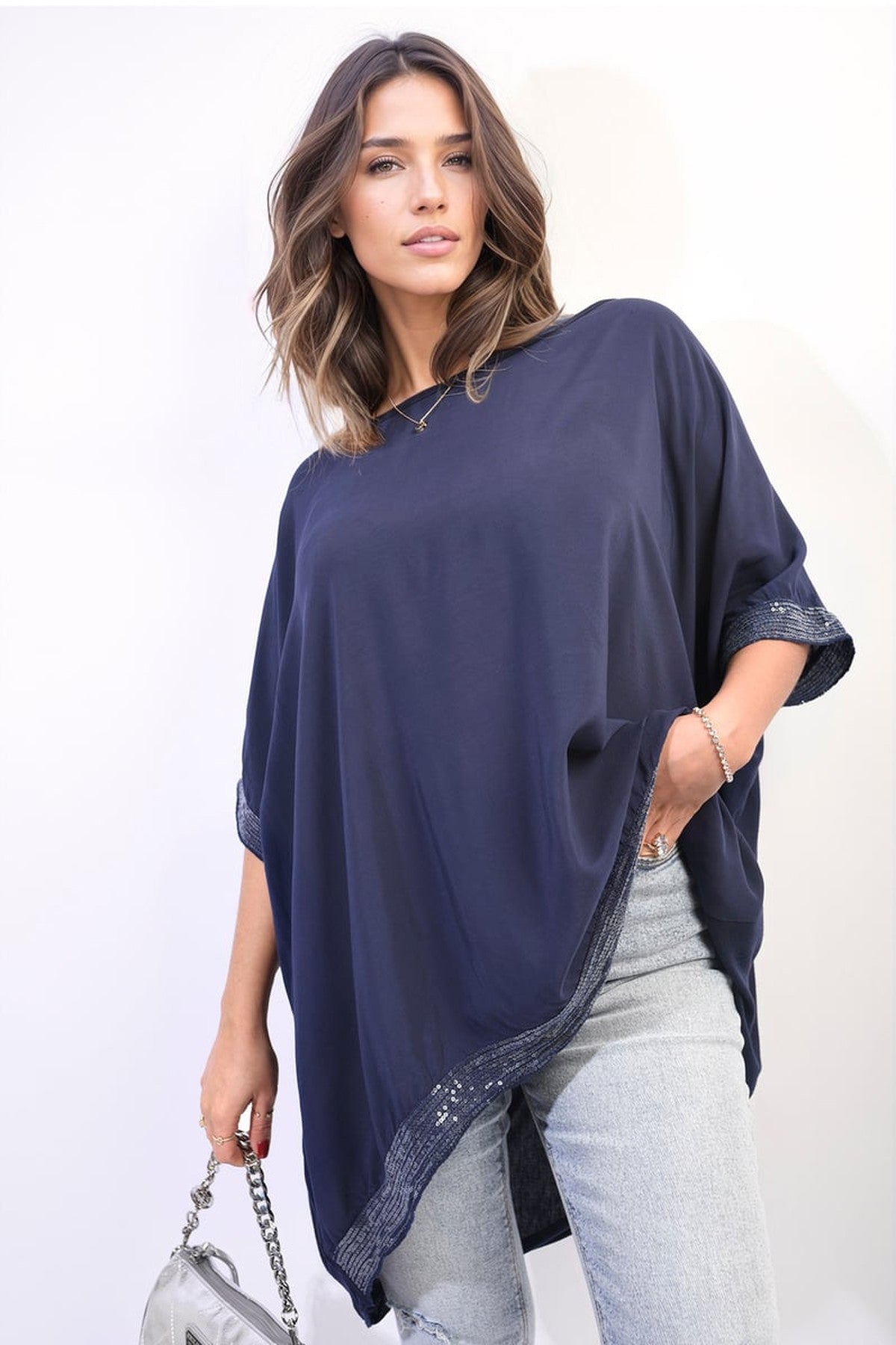 Amber Oversized Sequin Hem Flare Sleeve Top - Navy