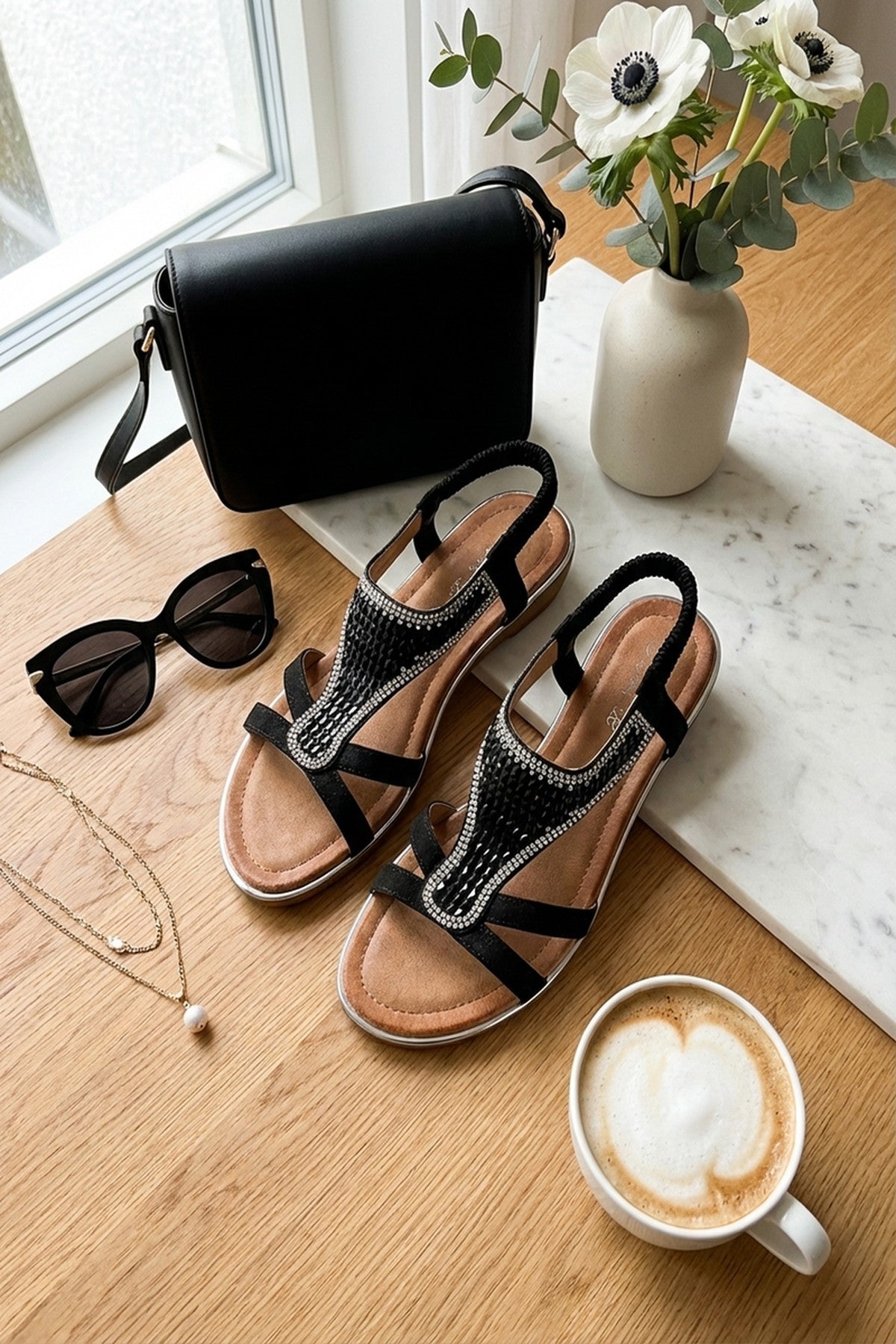 Amelia Womens Rhinestone Strappy Flat Sandals - Black