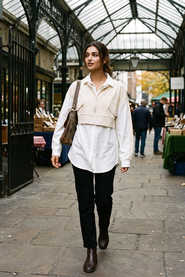 Andrea Two Tone Zip Front Oversized Long Sleeve Shirt - Beige